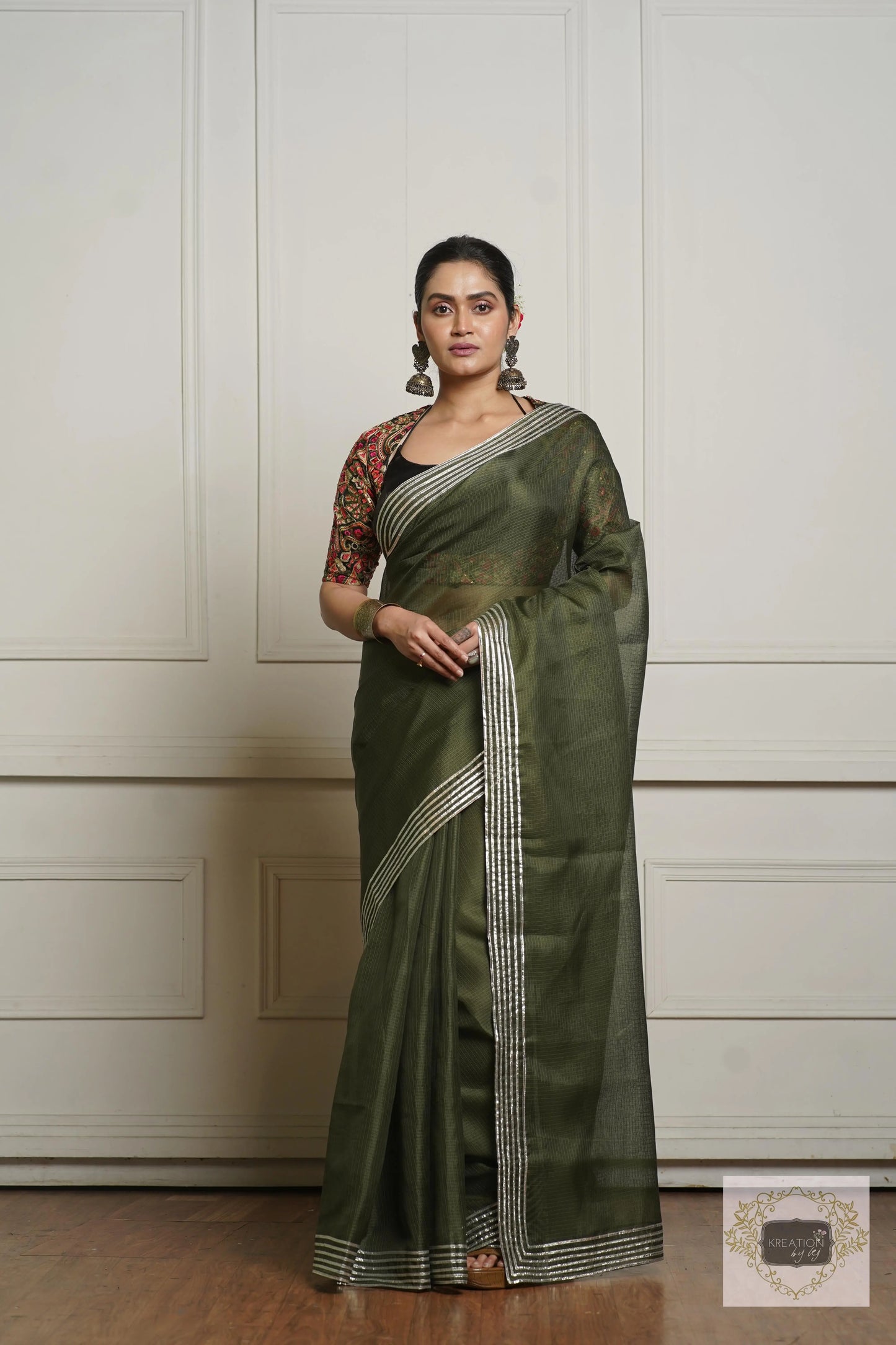 Olive Green Kota Silver Lining Saree With Gota Border kreationbykj