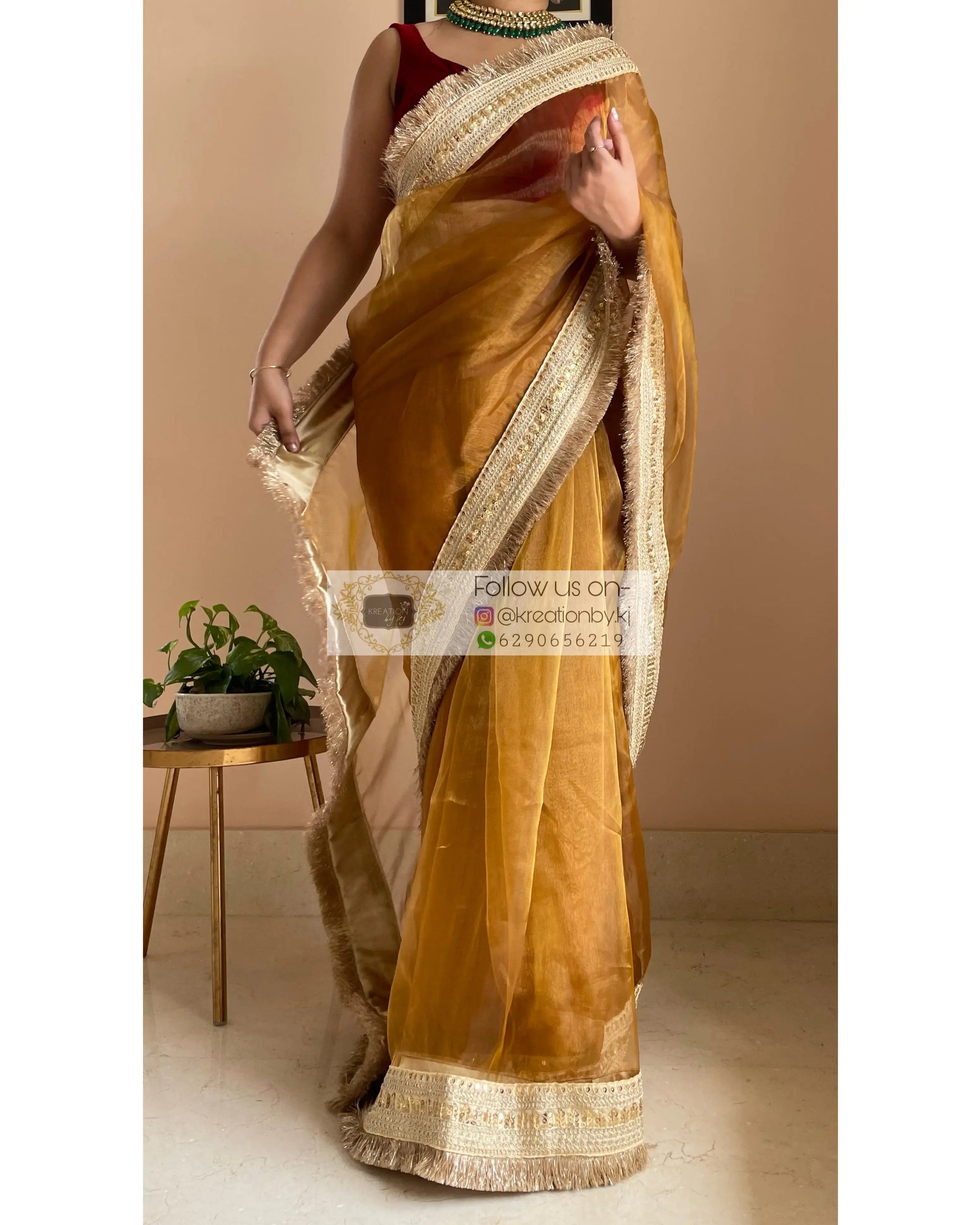 Ochre Glass Tissue Saree Banno Saree kreationbykj