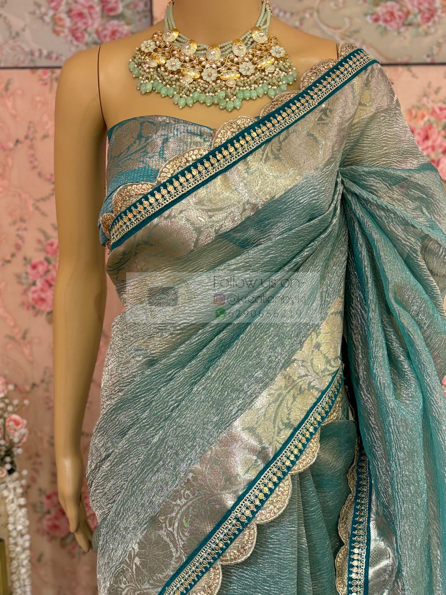 Sea Green Crushed Tissue Banarasi Saree kreationbykj