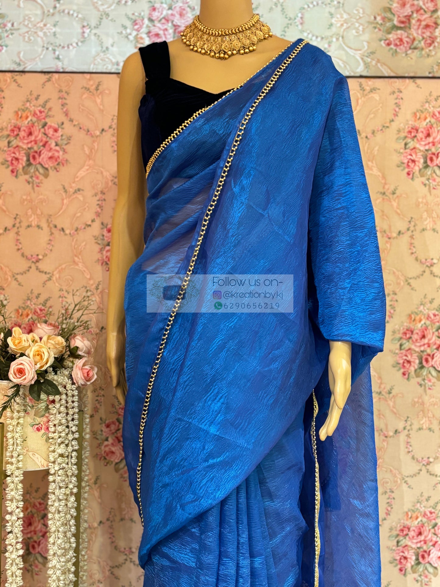 Blue Crushed Tissue Saree kreationbykj