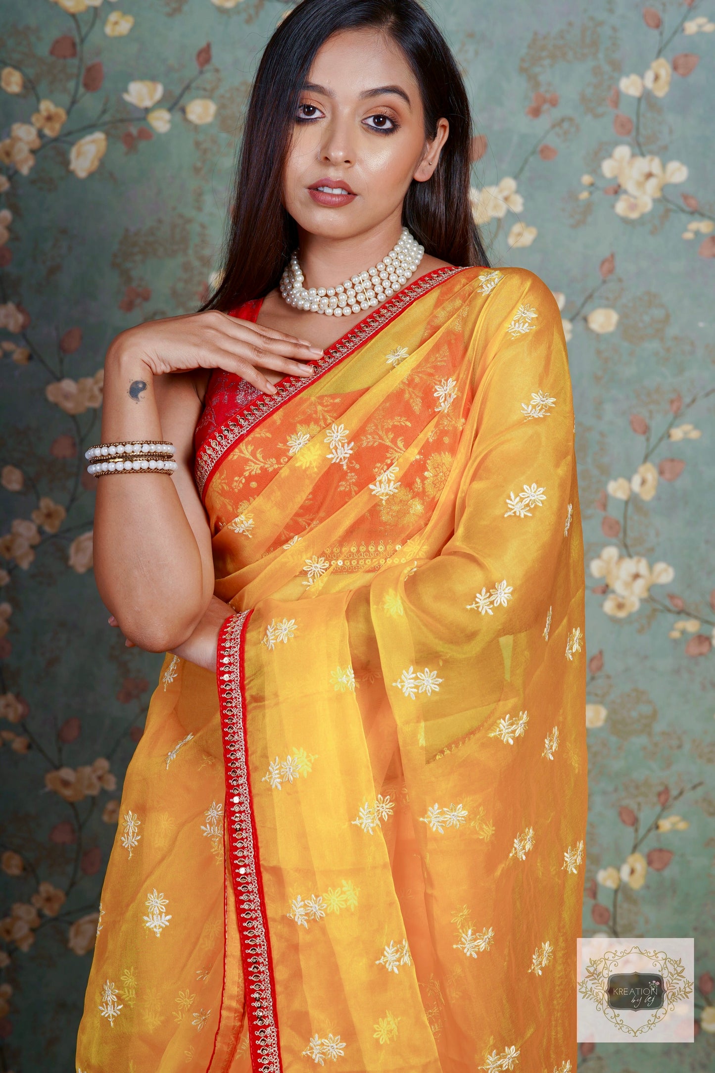 Yellow Snow Drop Organza saree