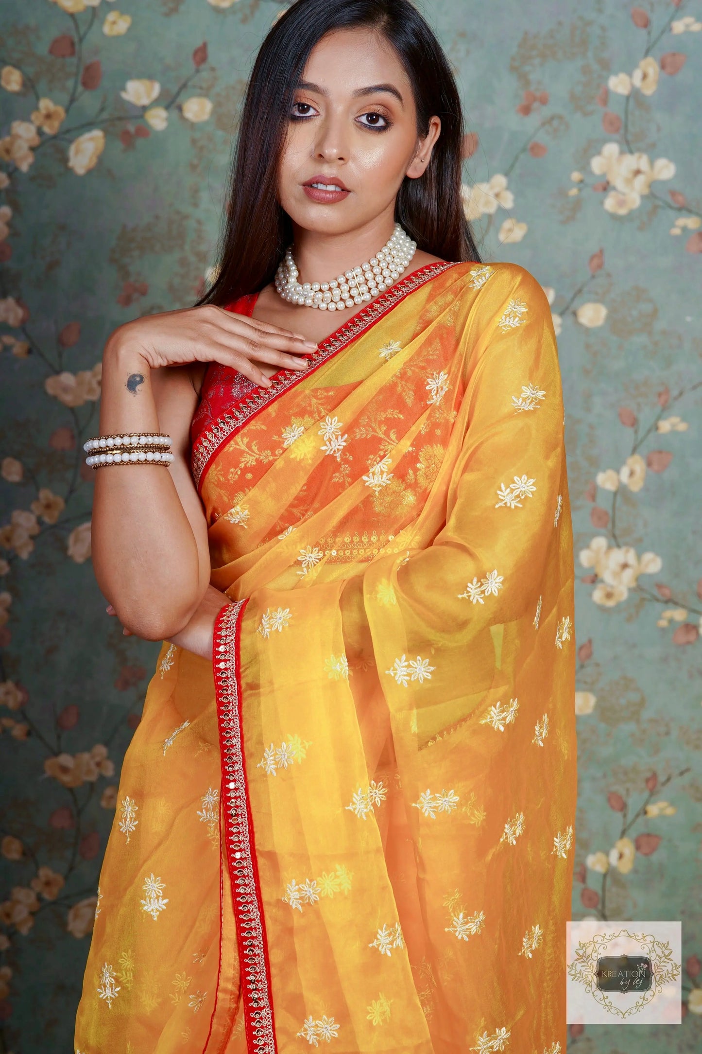 Yellow Snow Drop Organza saree For Haldi kreationbykj