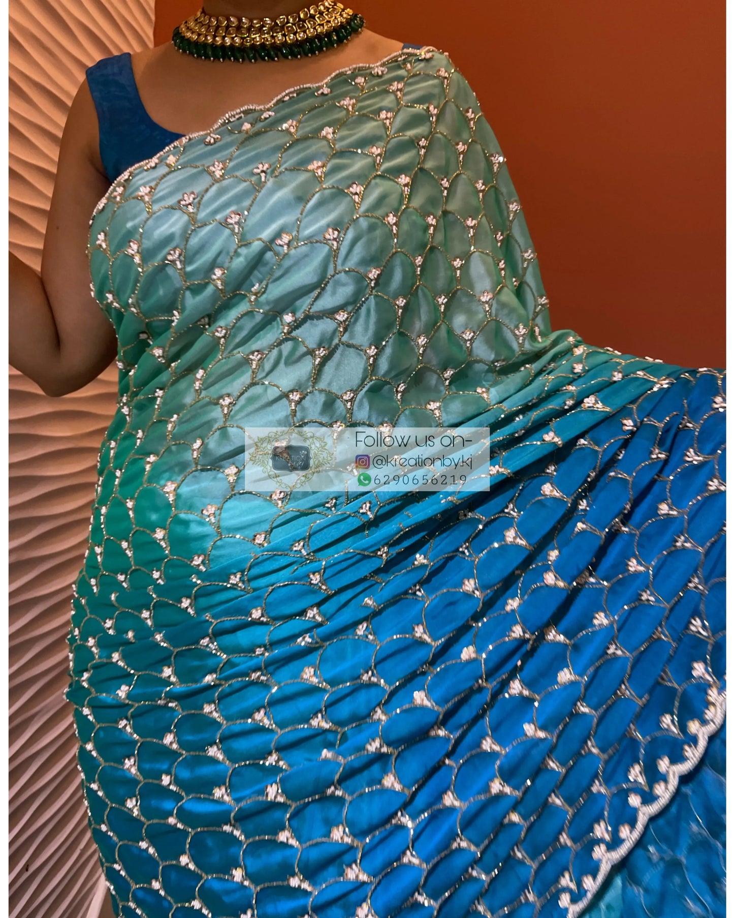 Ocean Mist Ombré Cutdana Mehraab Jaal Saree kreationbykj