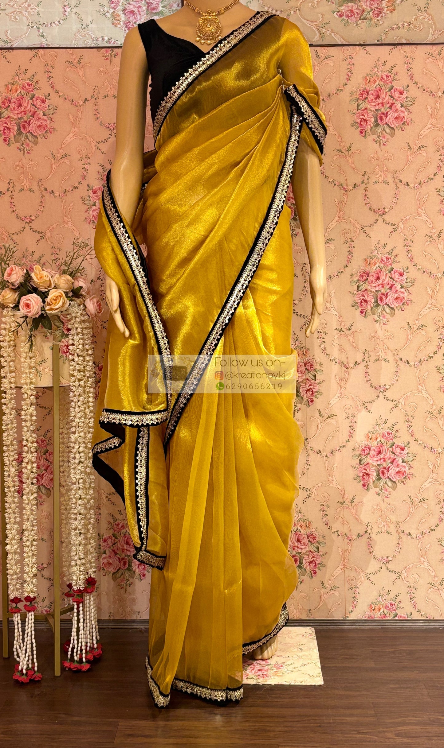 Golden Yellow Zari Tissue Cocktail Saree kreationbykj