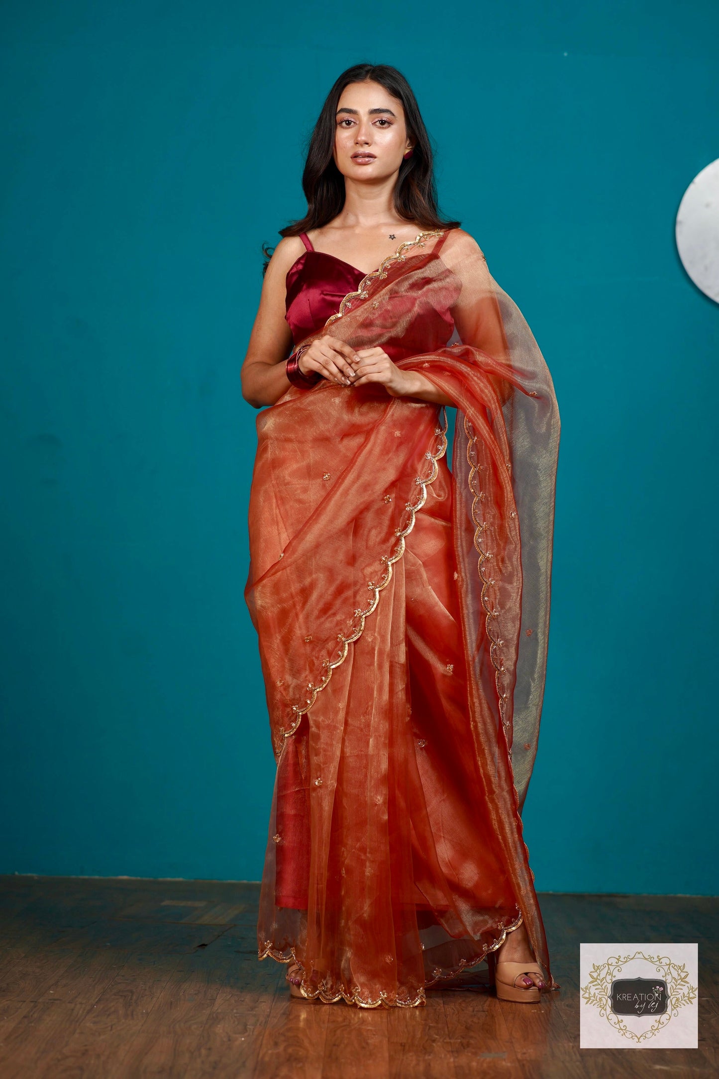 Marigold Glass Tissue Sequin Piyali Saree kreationbykj