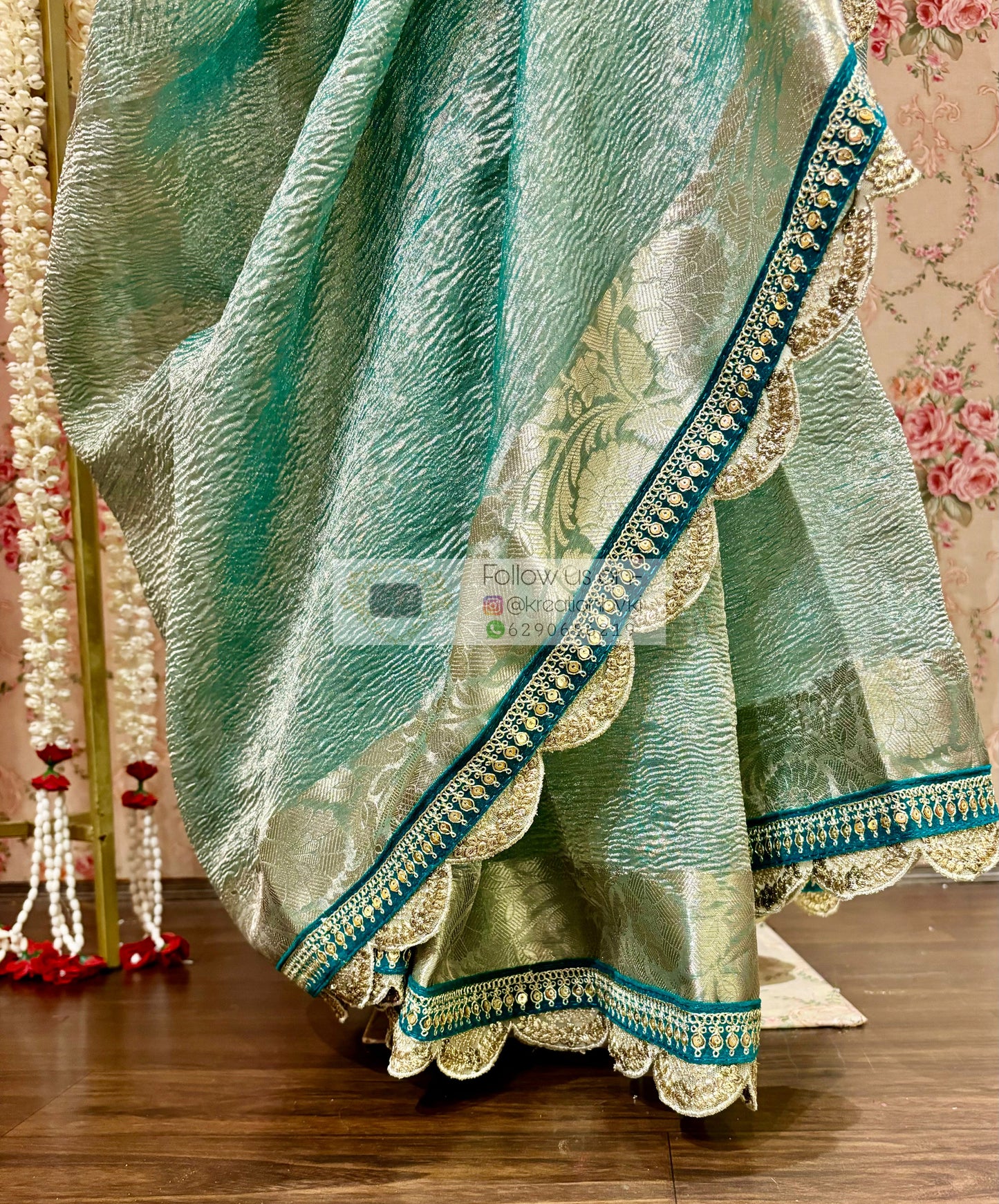 Sea Green Crushed Tissue Banarasi Saree kreationbykj