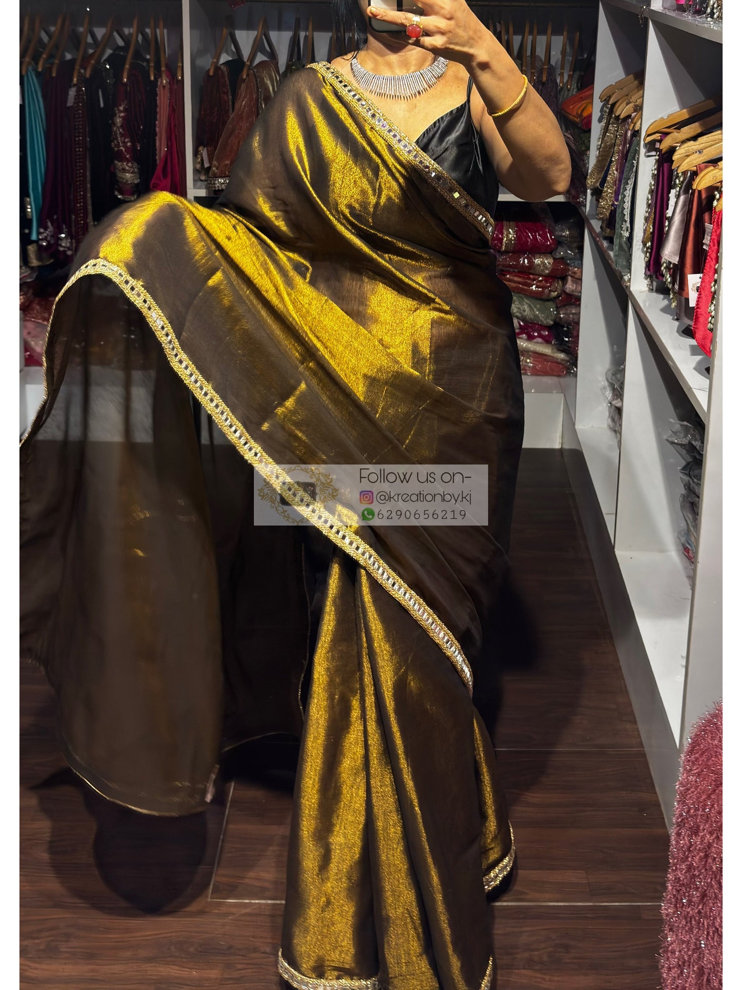 Black Tissue Mirage Saree Cut Mirror Border kreationbykj