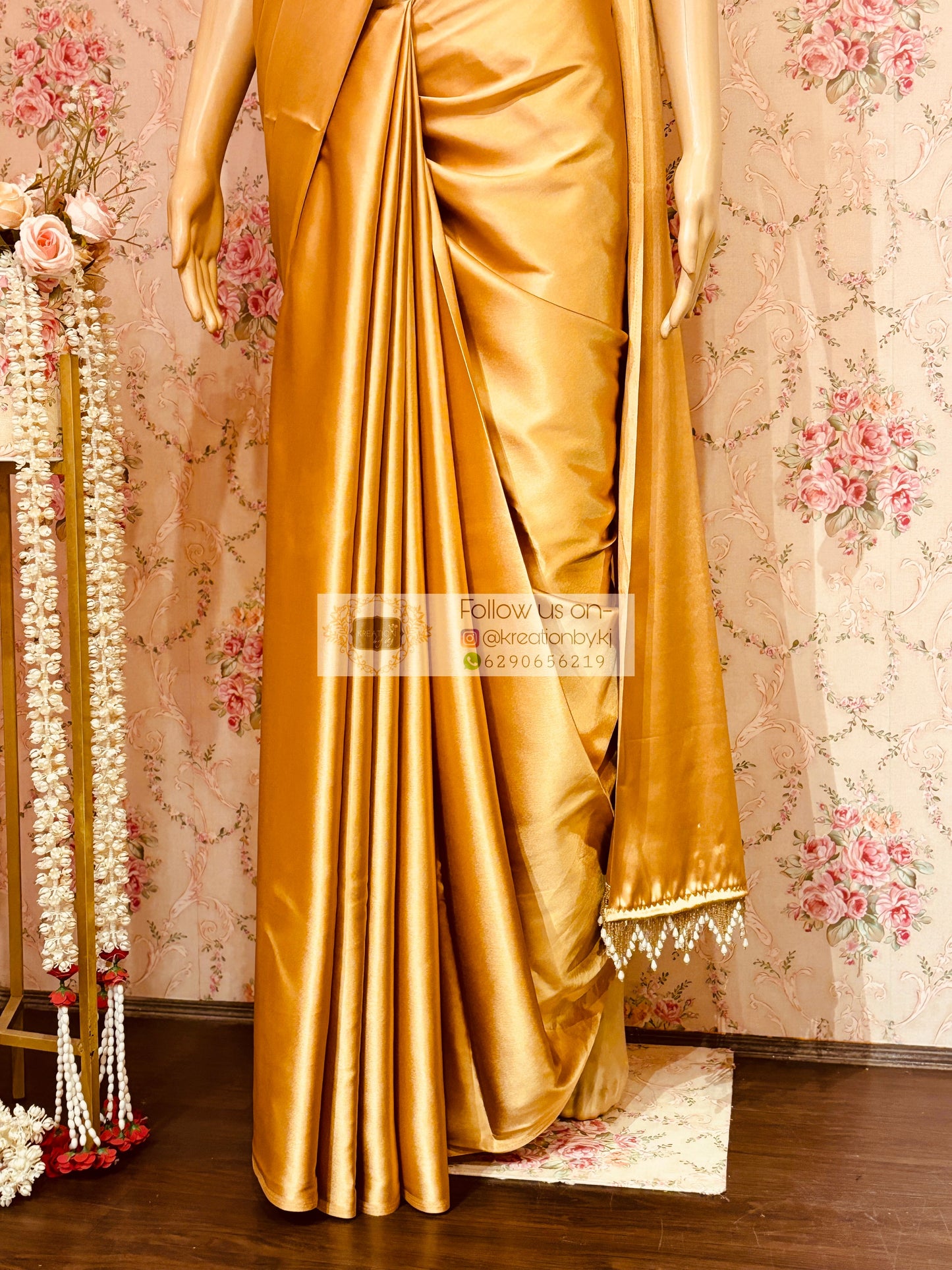 Champagne Gold Satin Saree kreationbykj