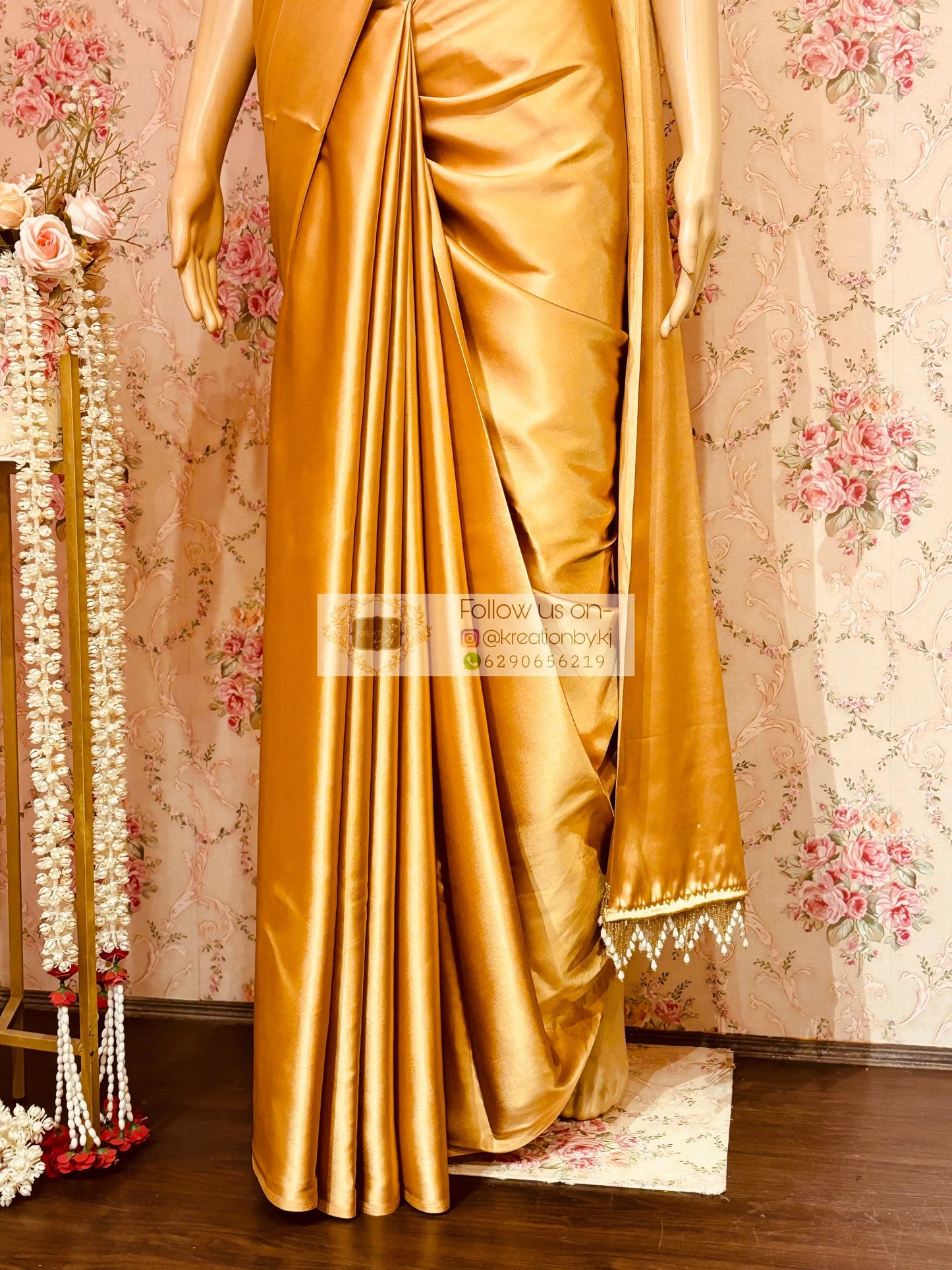 Champagne Gold Satin Saree kreationbykj