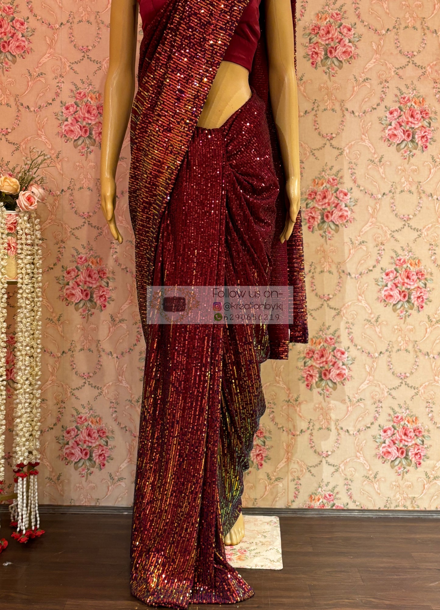 Maroon Sequins Starlit Vogue cocktail Saree - kreationbykj