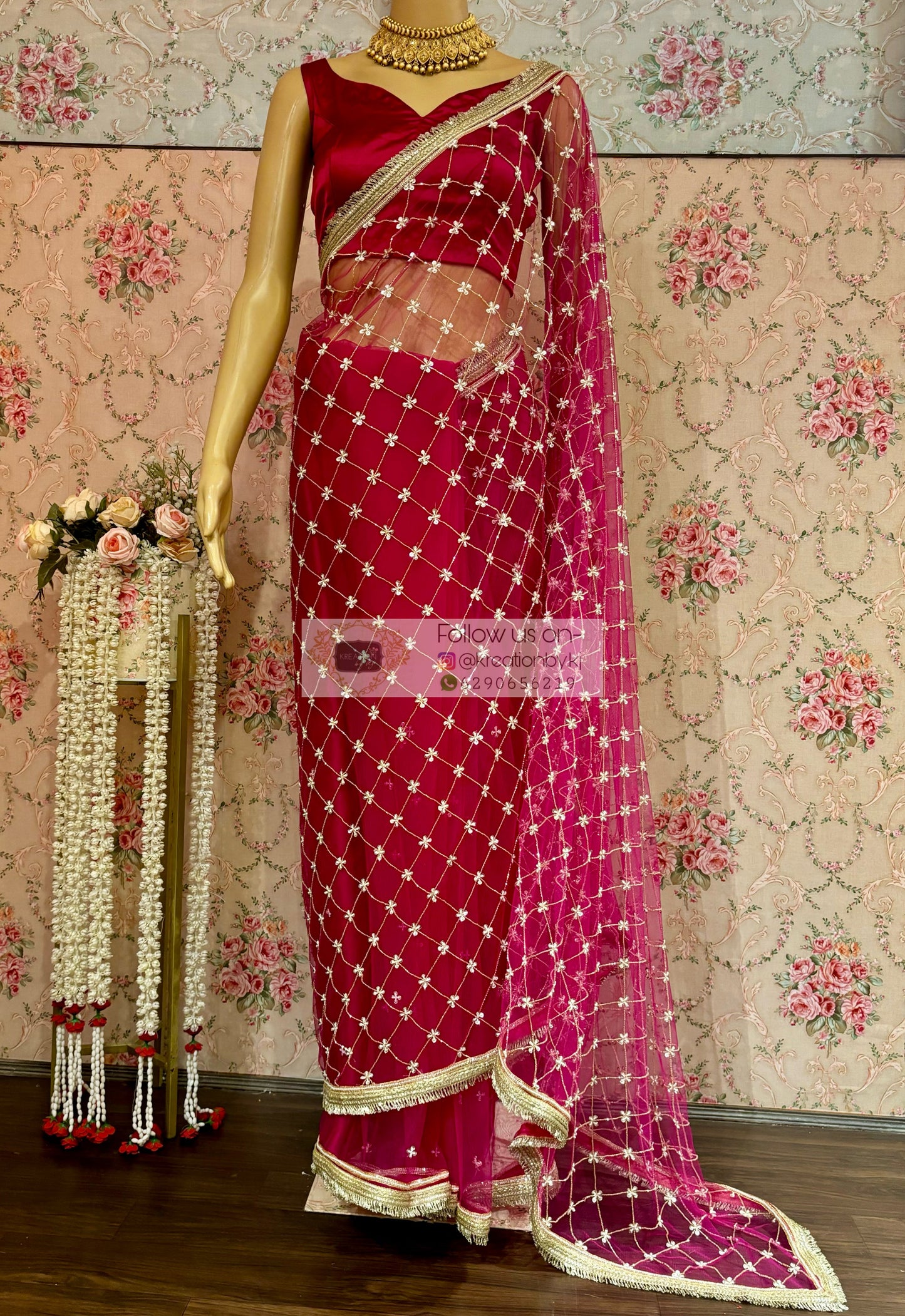 Hot Pink Cutdana Jaal Net Saree kreationbykj