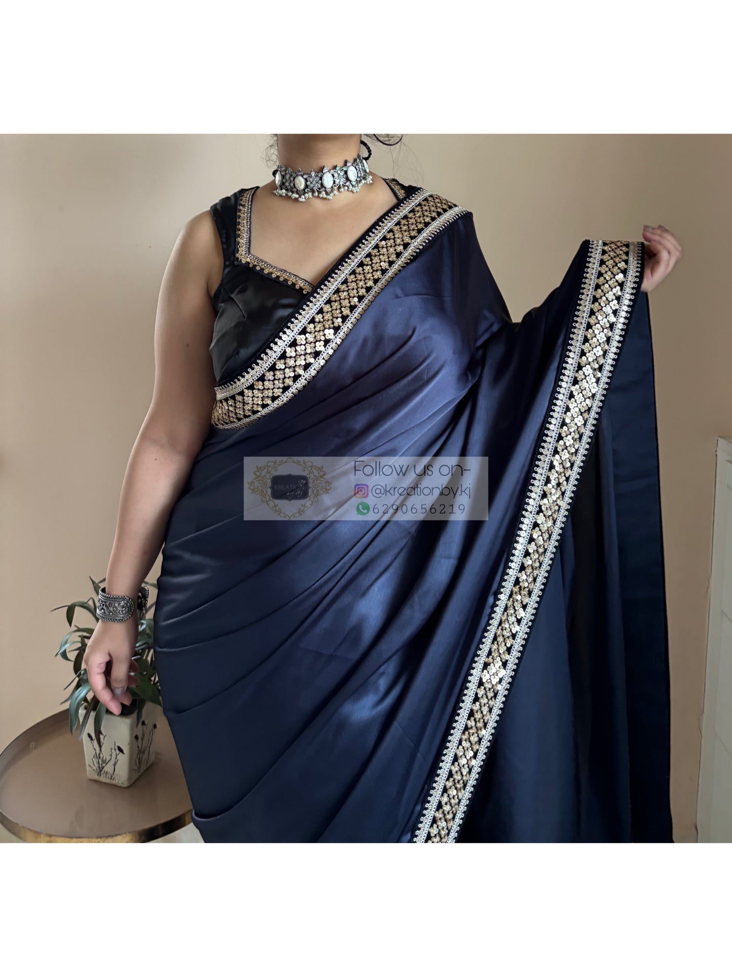 Dark Navy Blue Satin Silk Saree with Black Border kreationbykj