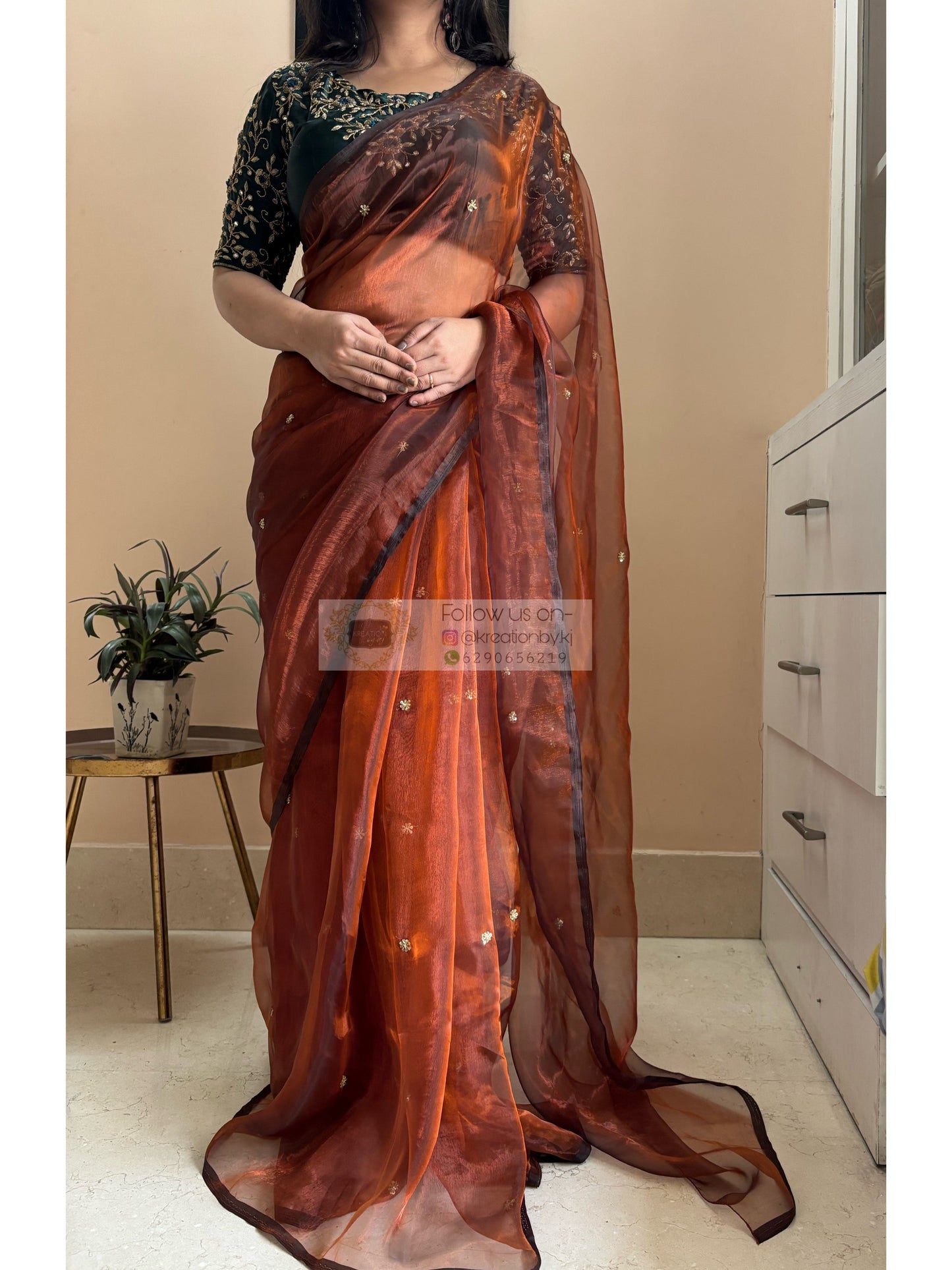 Copper Brown Glass Tissue Cocktail Saree