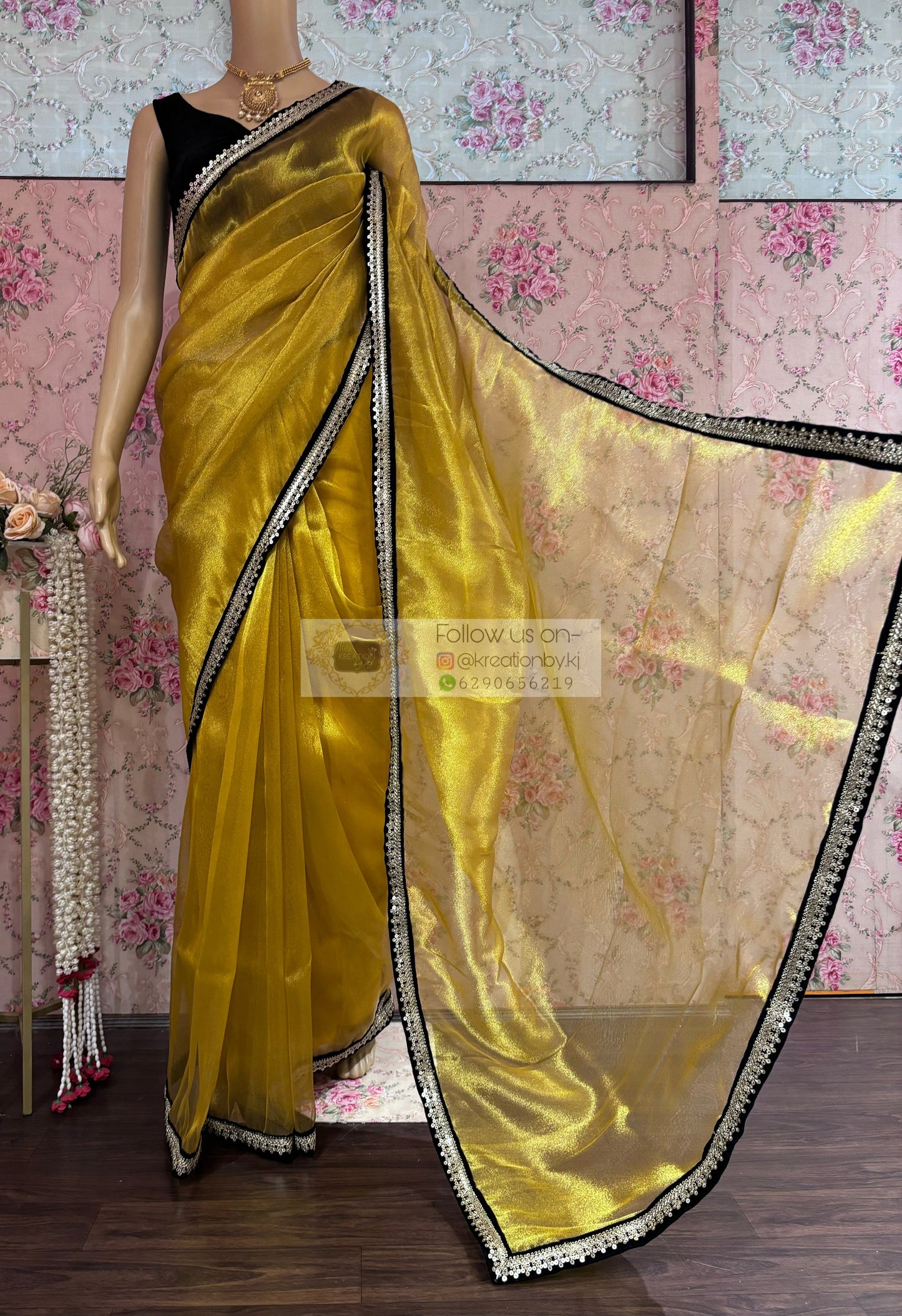 Golden Yellow Zari Tissue Cocktail Saree kreationbykj