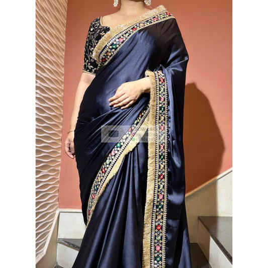 Navy Blue Satin Silk Floral Banno Saree kreationbykj