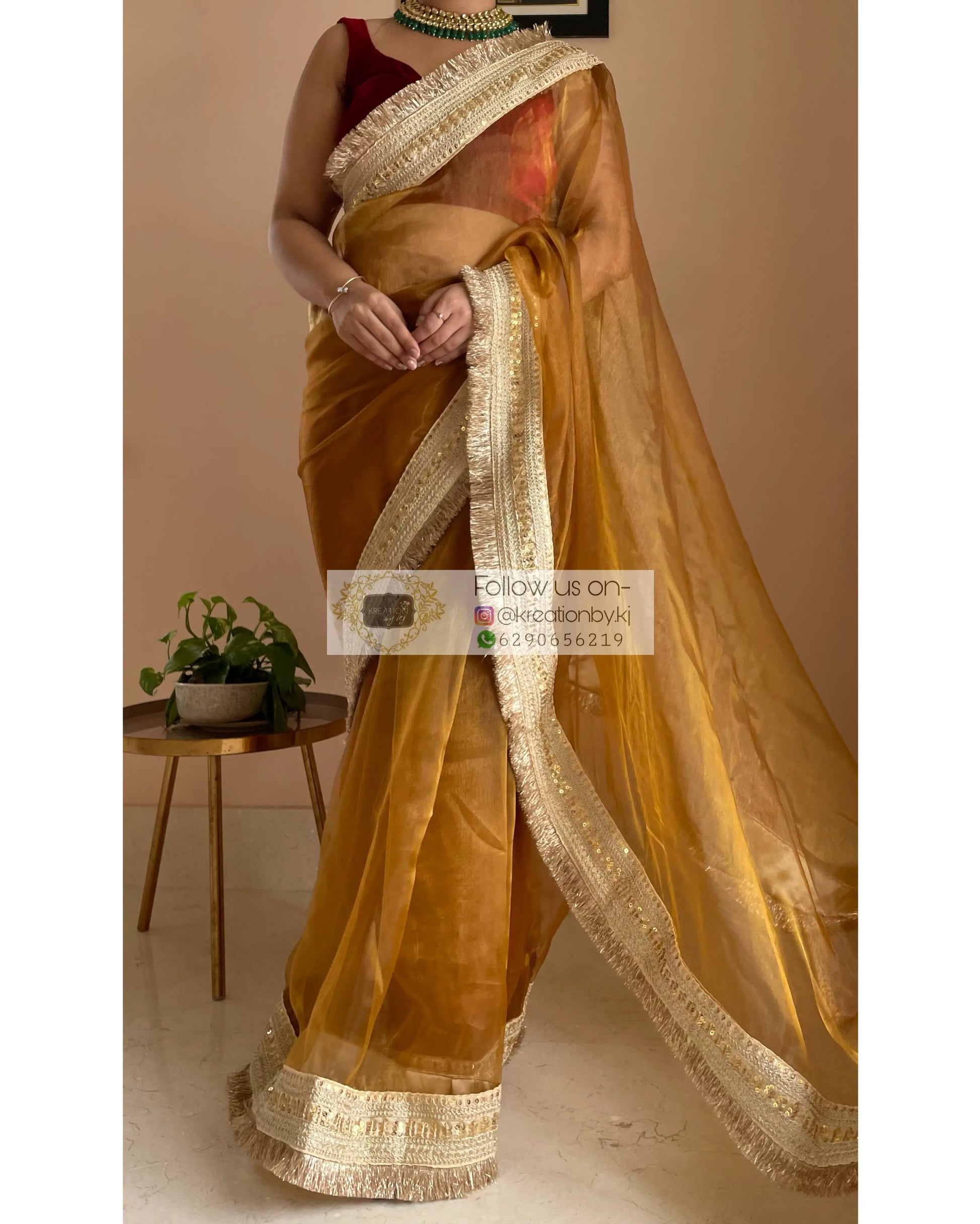 Ochre Glass Tissue Saree Banno Saree kreationbykj