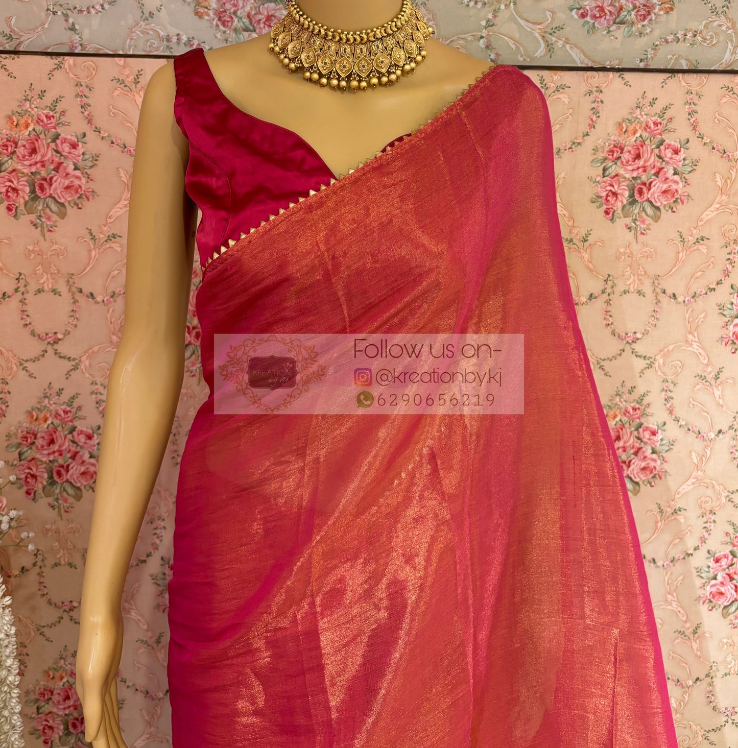 Coral Pink Cotton Tissue saree kreationbykj