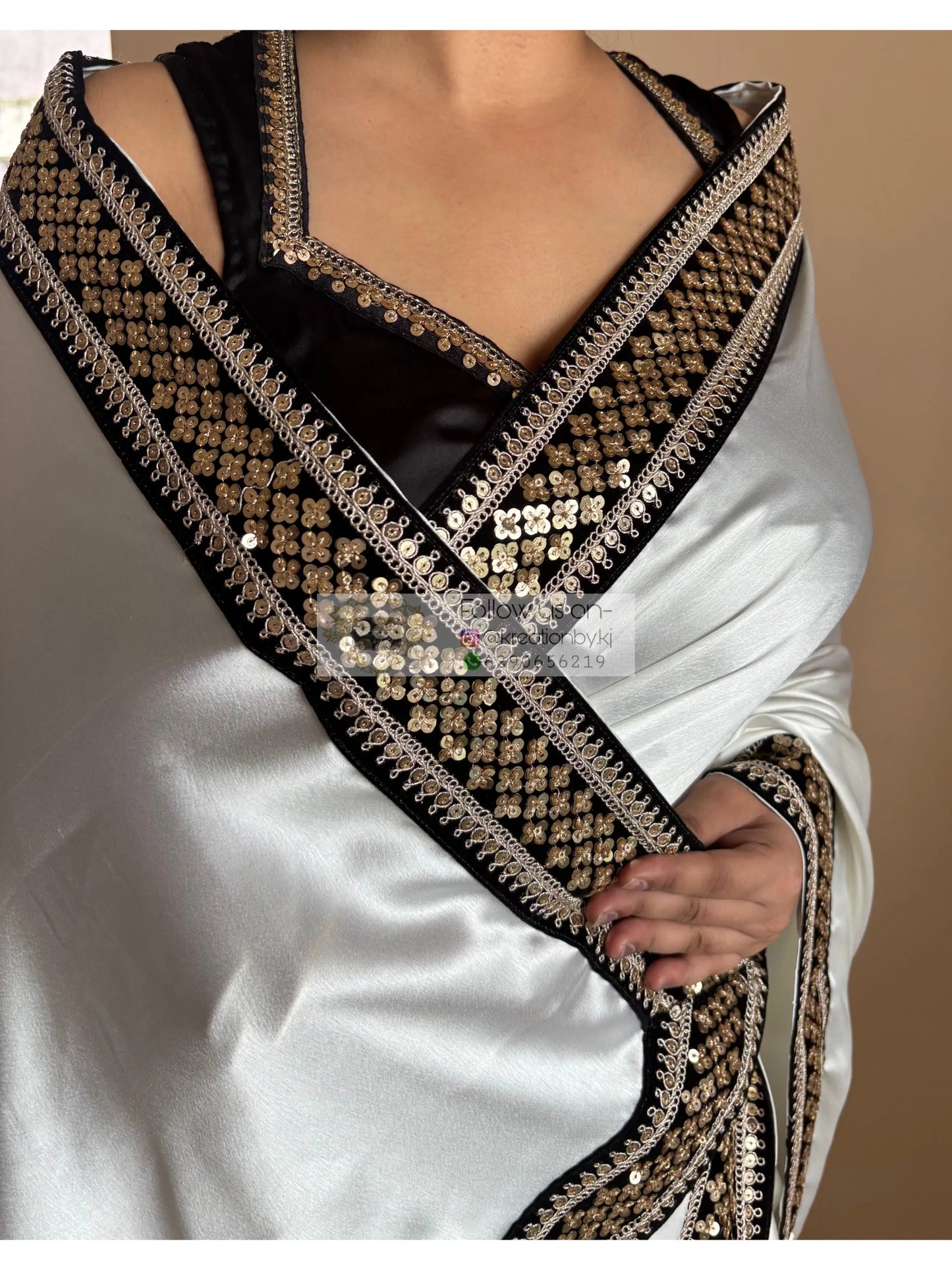 Cream Satin Silk Saree with Black Border Party Wear - kreationbykj
