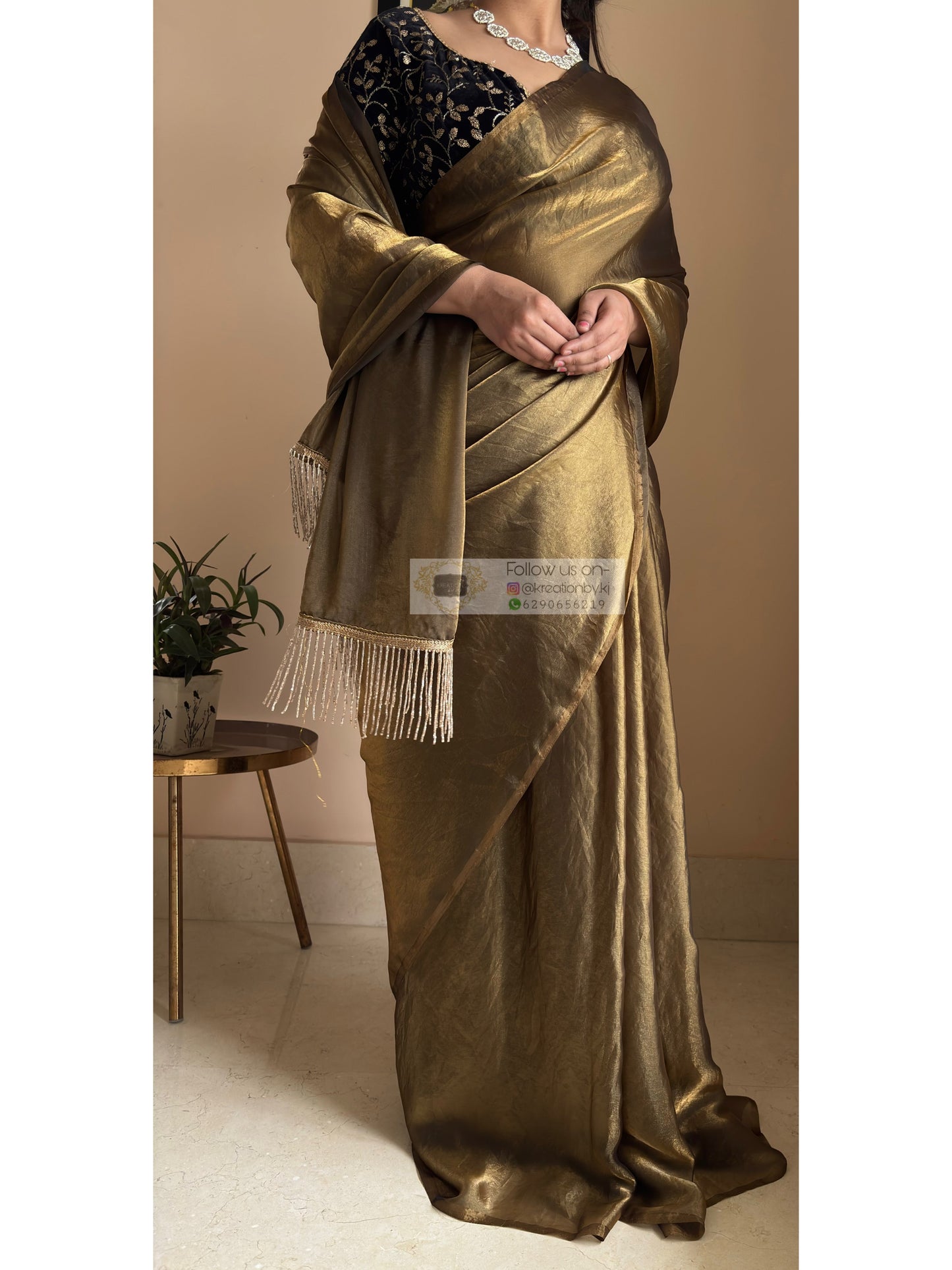 Molten Golden Shimmer Satin Saree With Handmade Tassels on Pallu kreationbykj