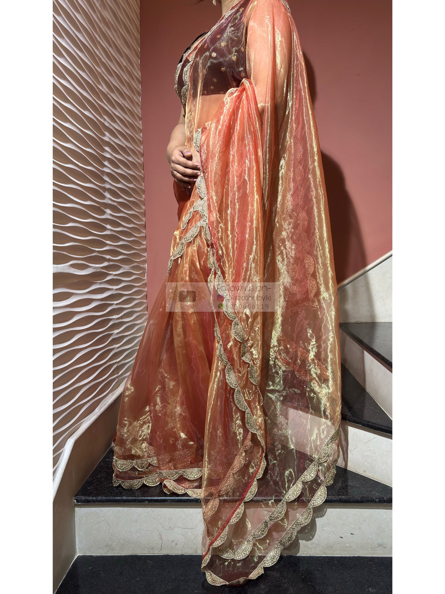 Marigold Glass Tissue Scalloped Border Saree