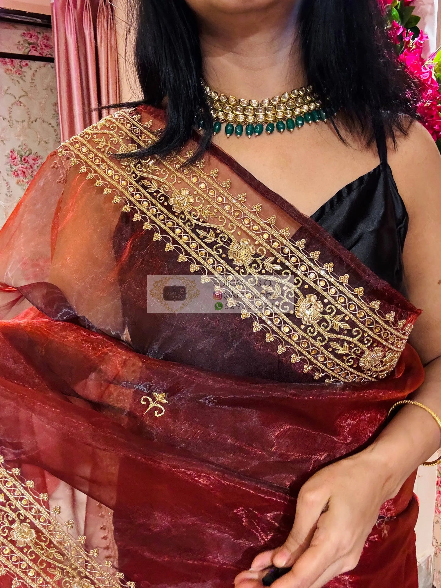 Maroon Glass Tissue Zarina Wedding Saree kreationbykj