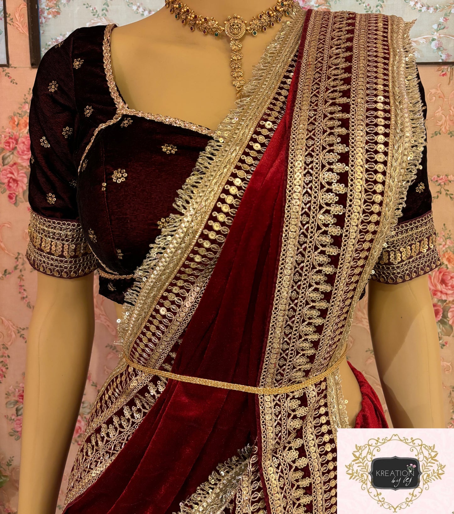 Maroon Velvet Banno Saree kreationbykj