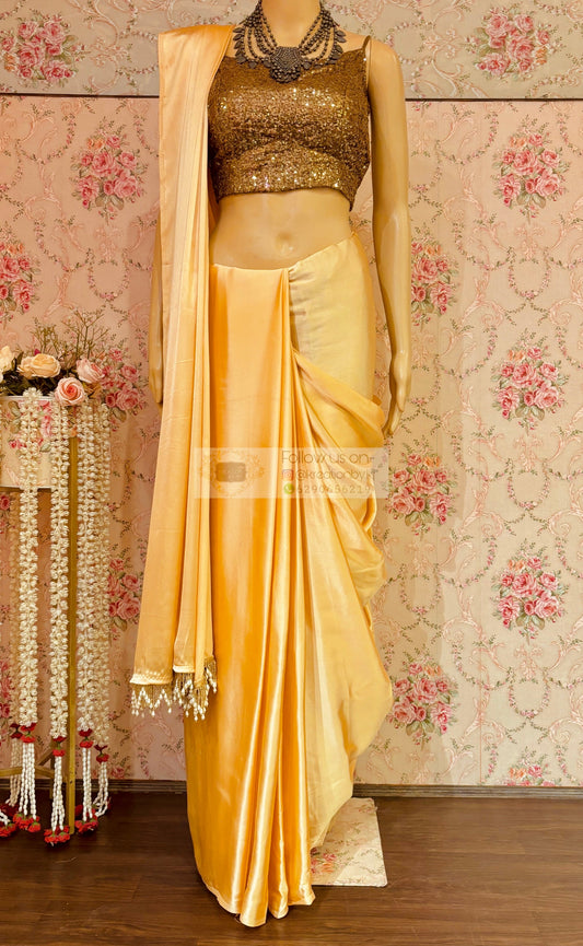 Tuscany Beige Satin Silk Saree with Handmade Tassels on Pallu kreationbykj