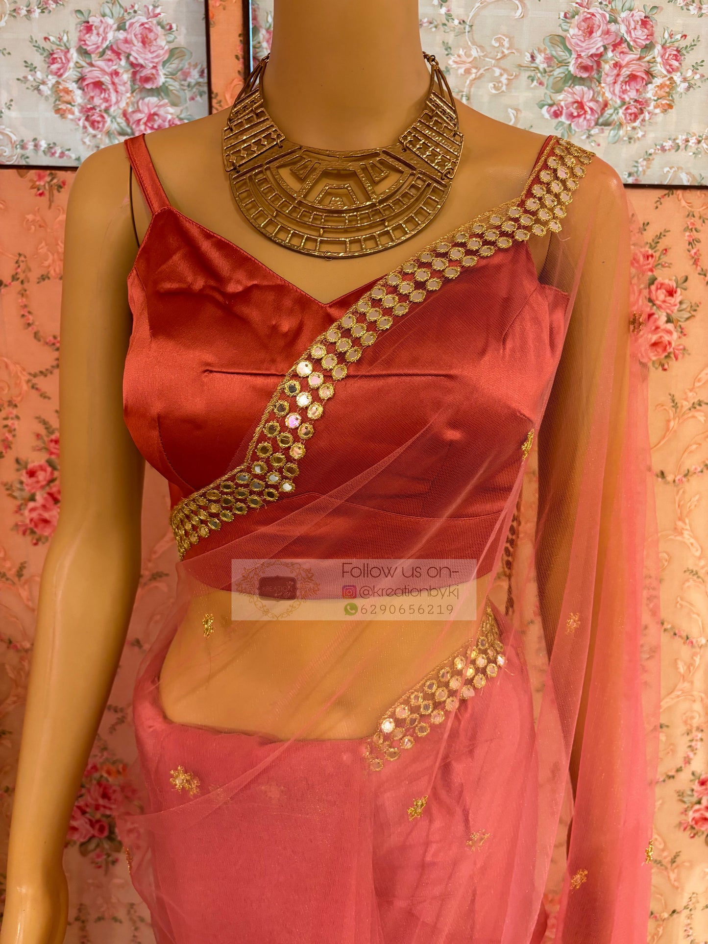 Pastel Pink Net Saree With Mirror Border kreationbykj