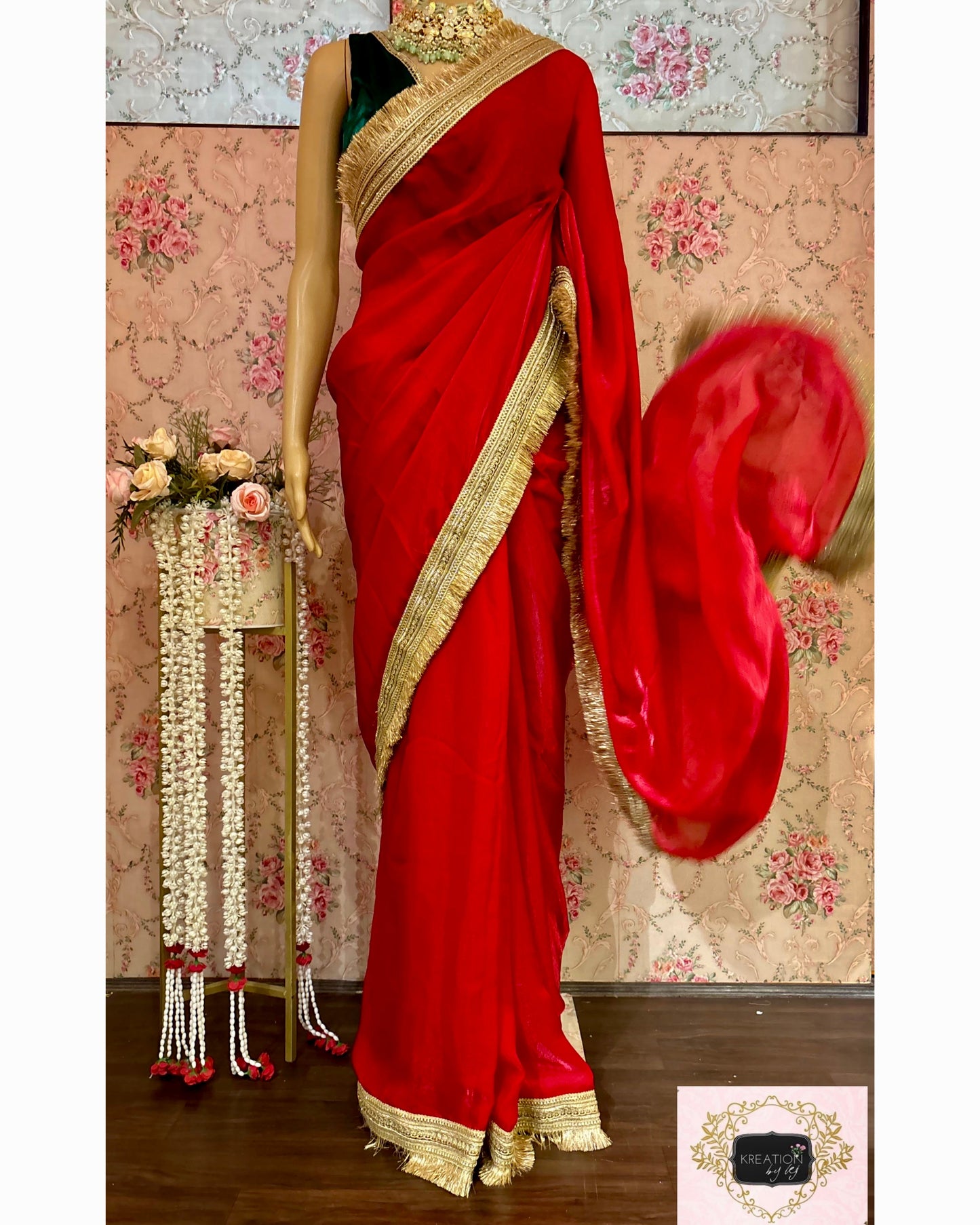 Red Metallic Shimmer Satin Banno Saree kreationbykj