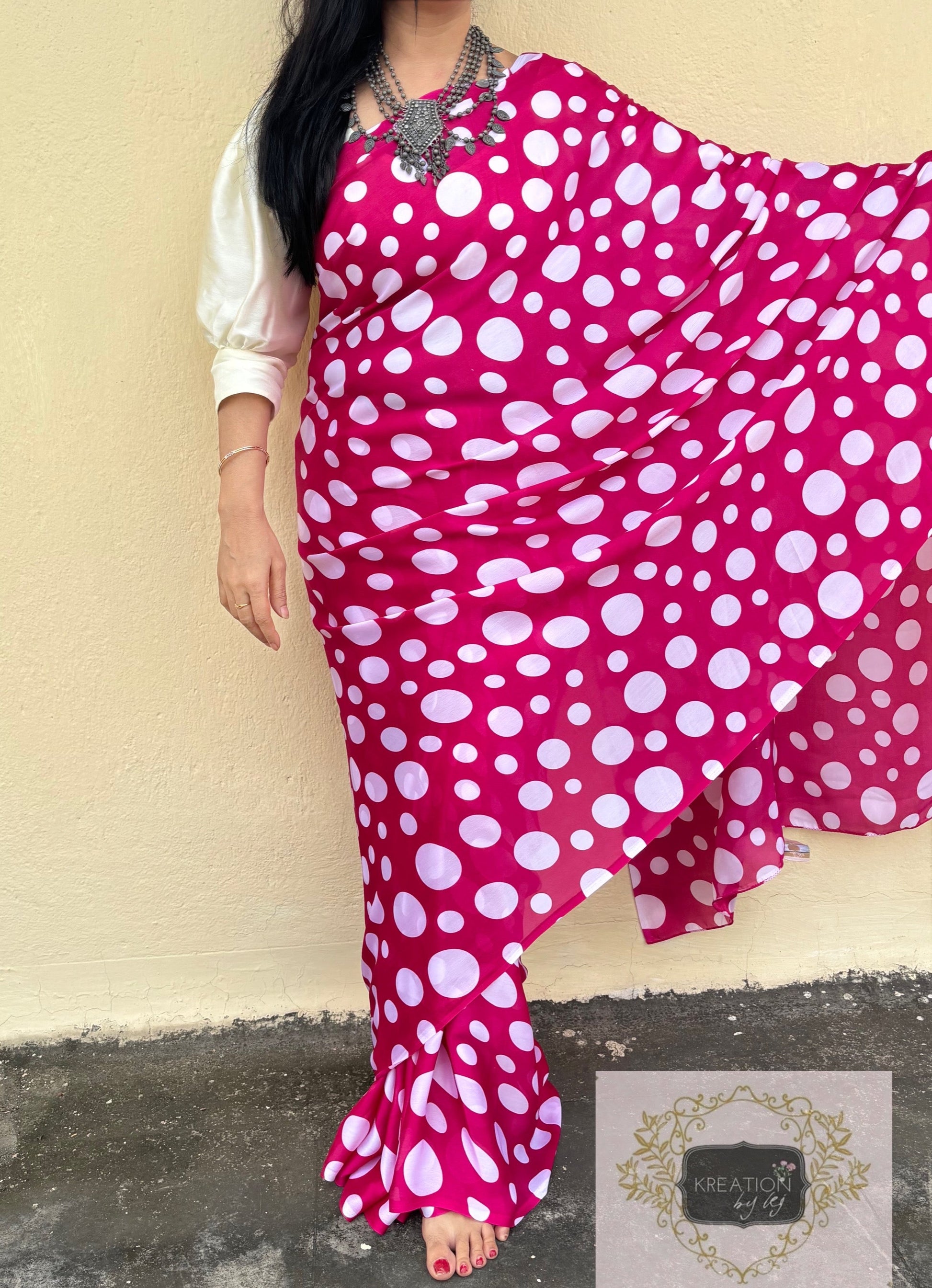 Magenta Pink Polka Dot Saree kreationbykj