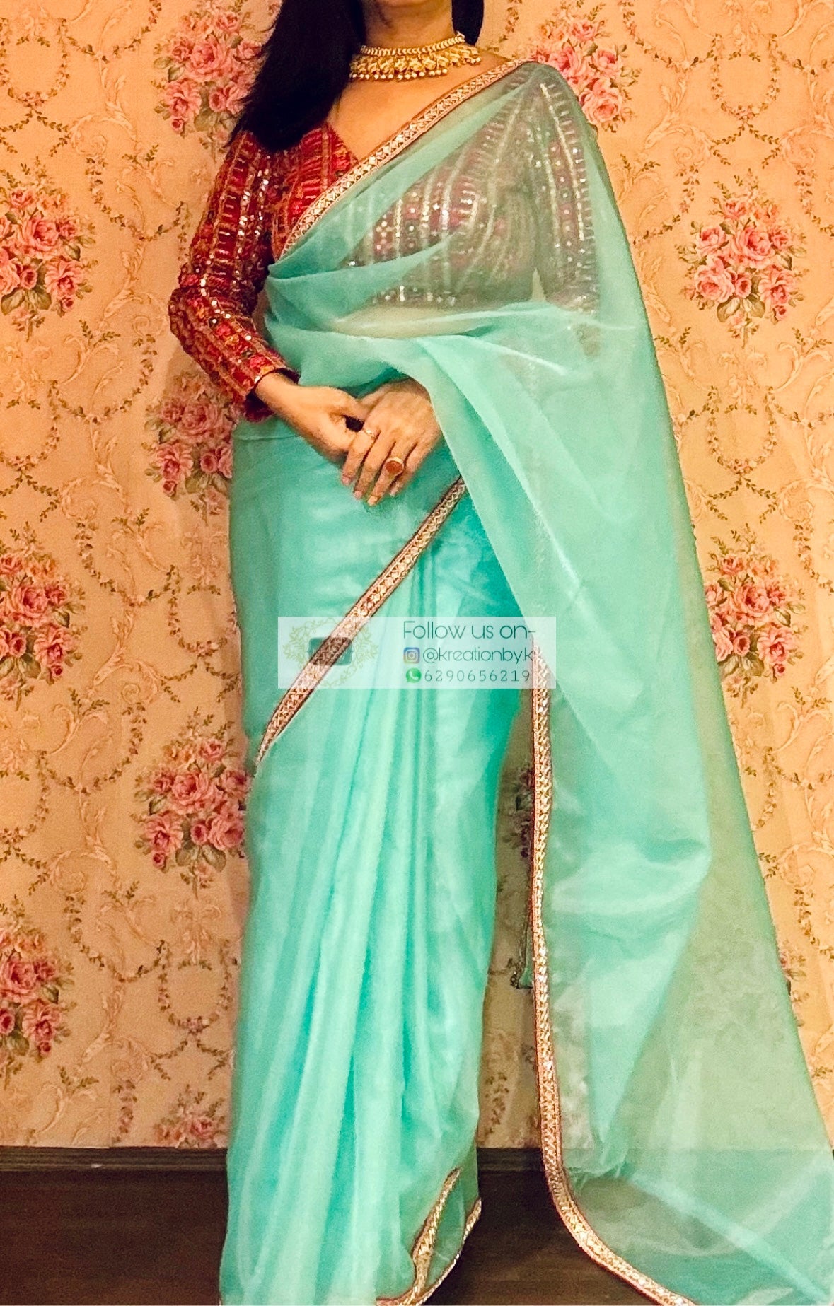 Aqua Blue Organza Saree With Red Cutdana Border kreationbykj