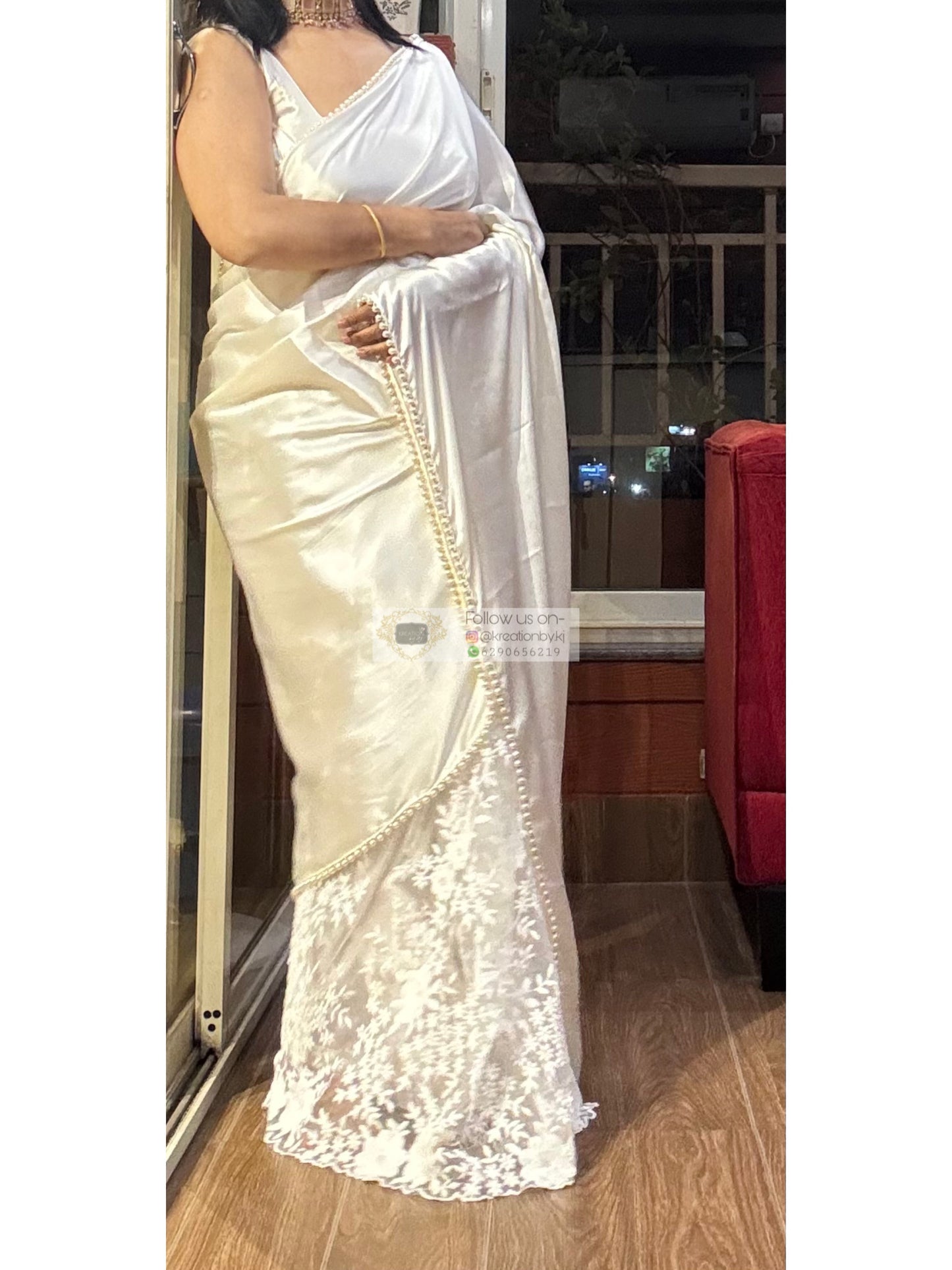 Cream Cheery Blossom Saree kreationbykj