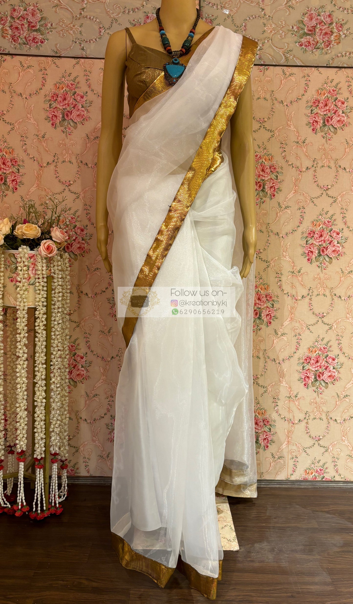 White Organza Saree with Gota Border kreationbykj
