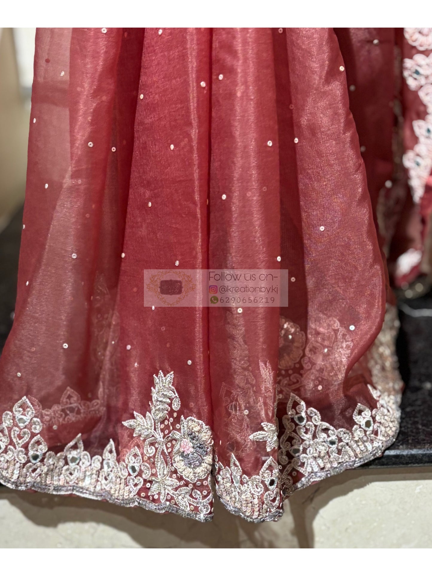 Salmon Pink Hand-embroidered Saree kreationbykj