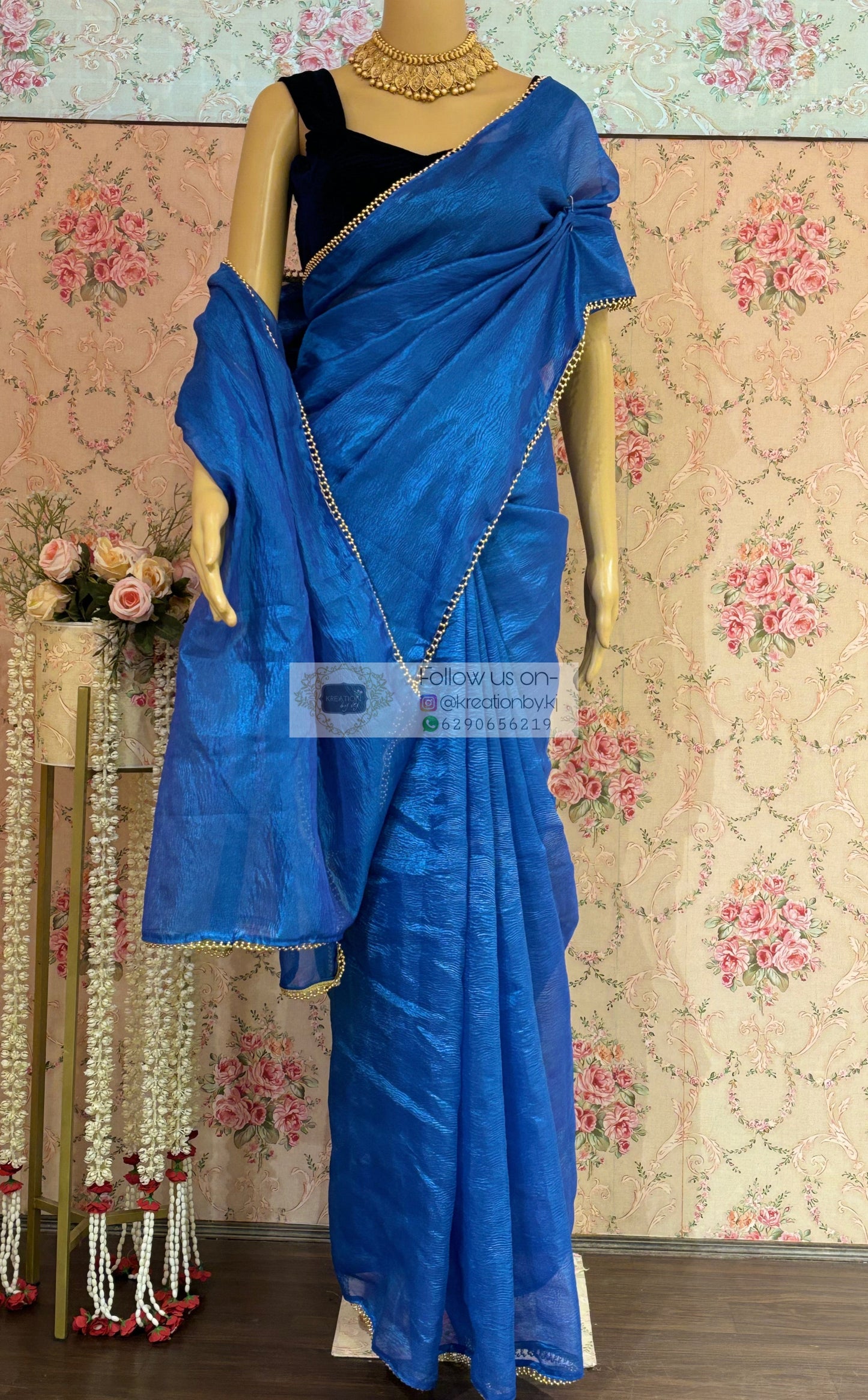 Blue Crushed Tissue Saree kreationbykj