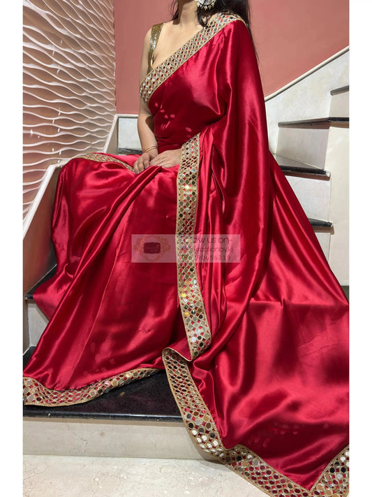Crimson Red Satin Silk Saree with Mirror Border kreationbykj