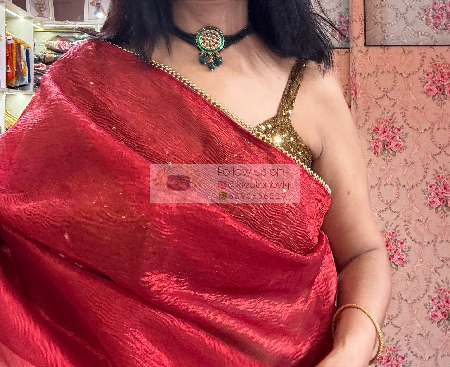 Red Crushed Tissue Saree with Golden Border kreationbykj