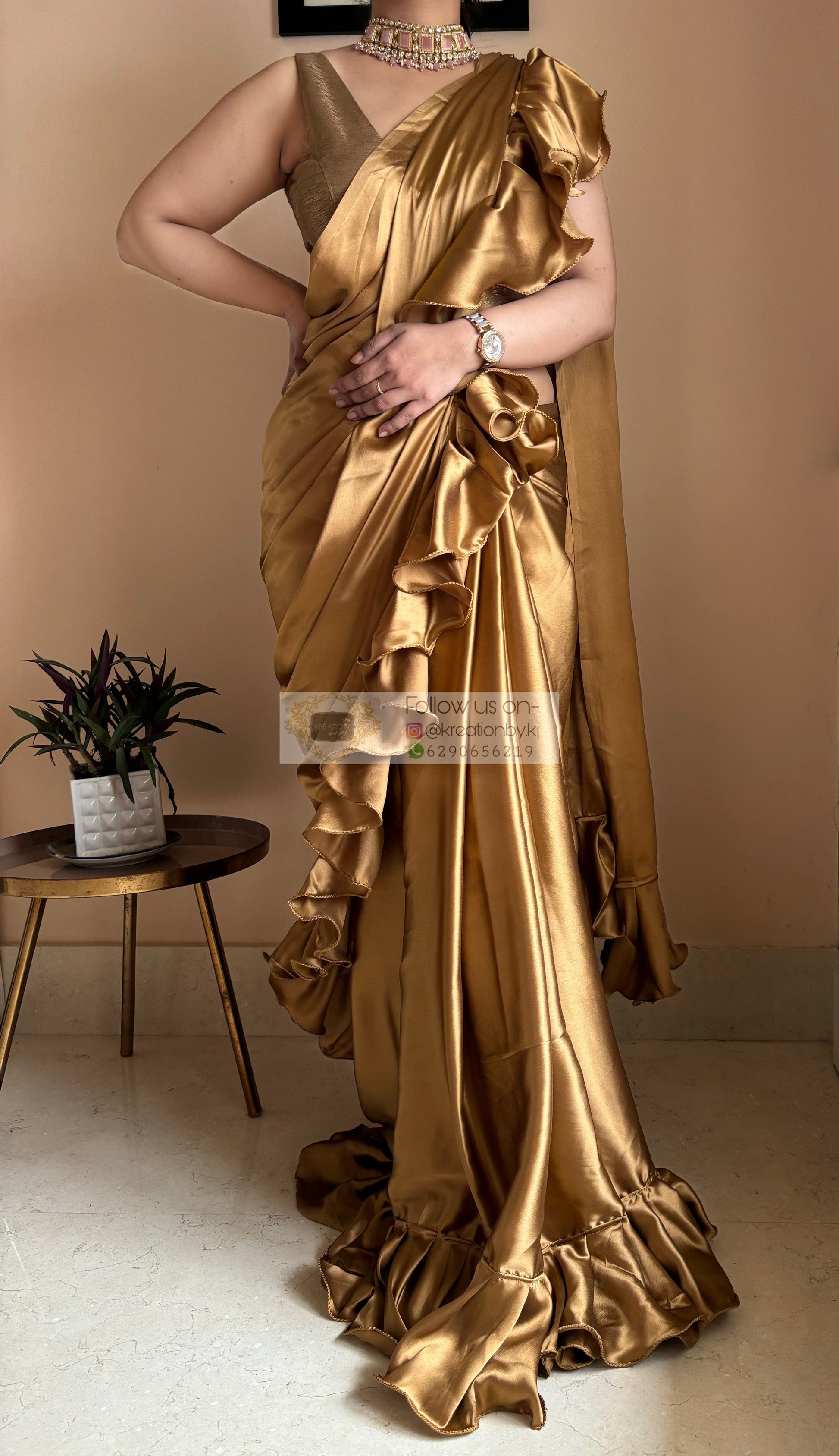 Golden Brown Ruffle Saree kreationbykj
