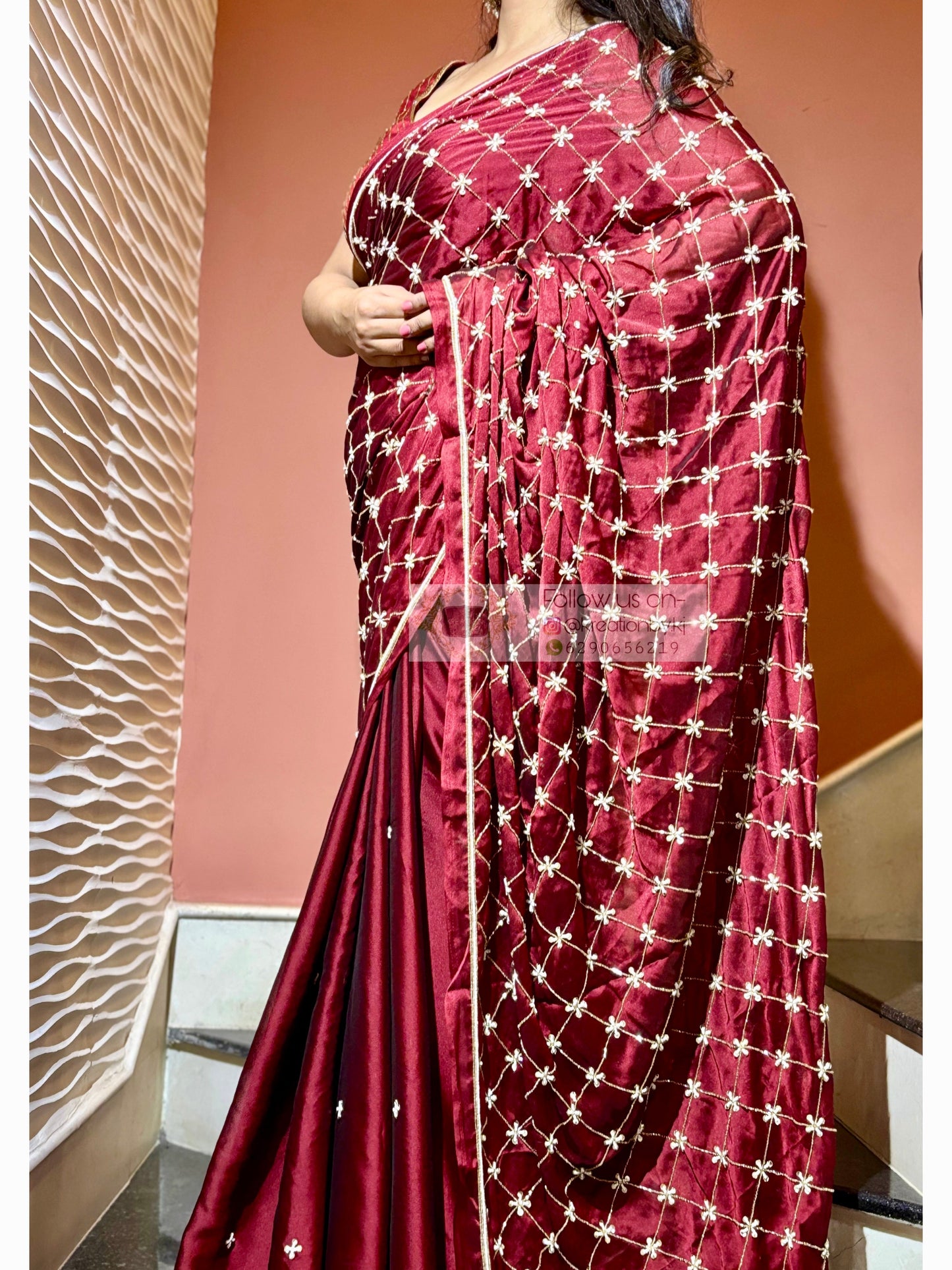 Maroon Georgette Cutdana Jaal Saree kreationbykj