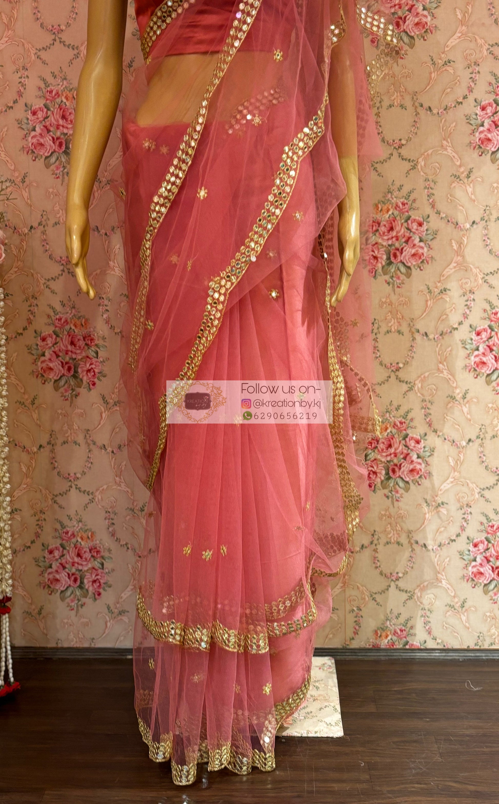 Pastel Pink Net Saree With Mirror Border kreationbykj