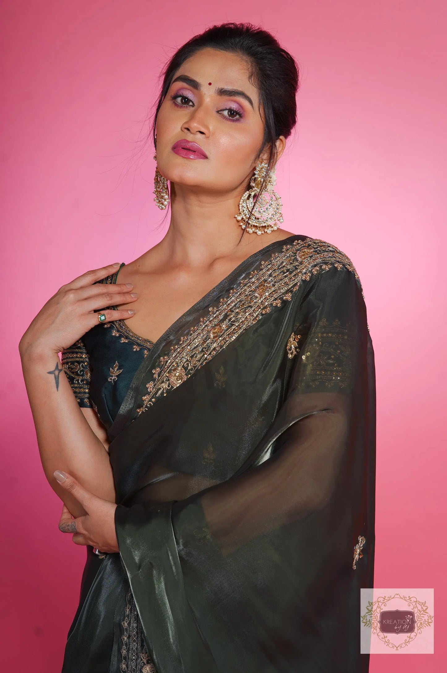Dark Green Zarina Glassy Organza Saree kreationbykj