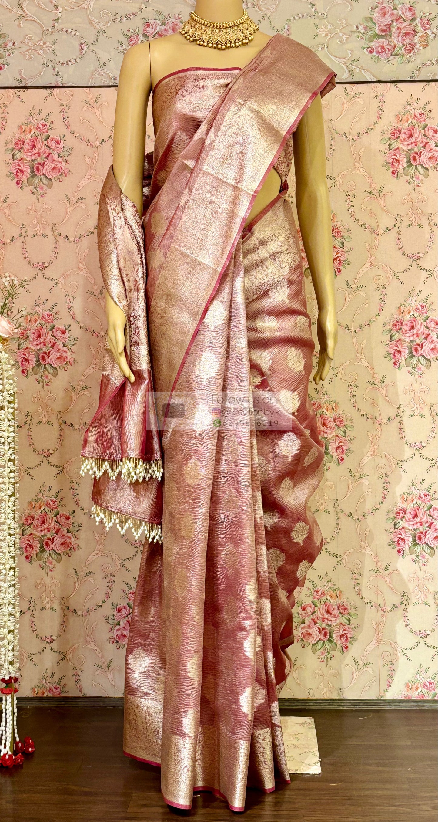 Dusty Mauve Banarasi Crushed Tissue Saree kreationbykj