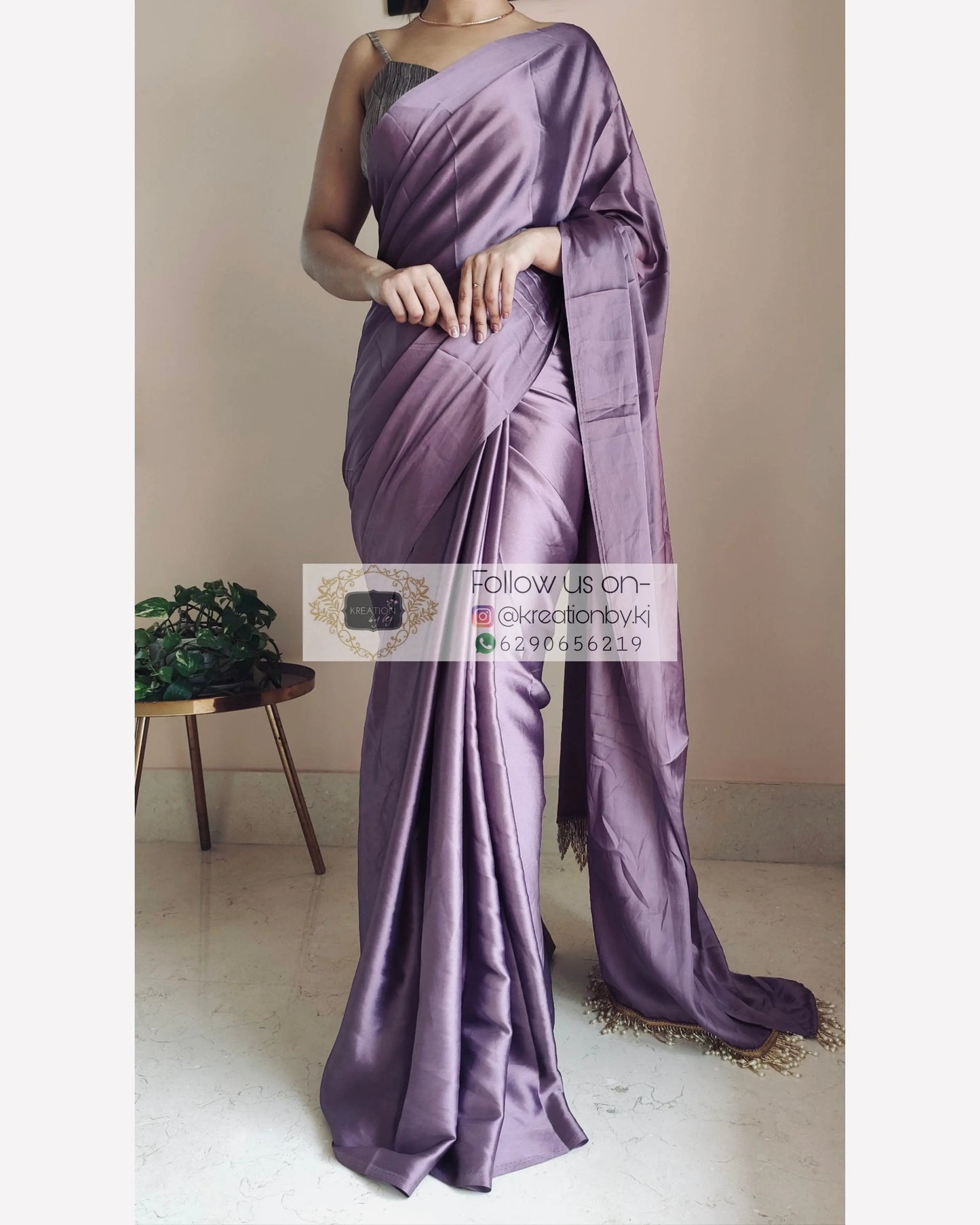 Heather Satin Silk Saree With Handmade Tassels On Pallu kreationbykj.in