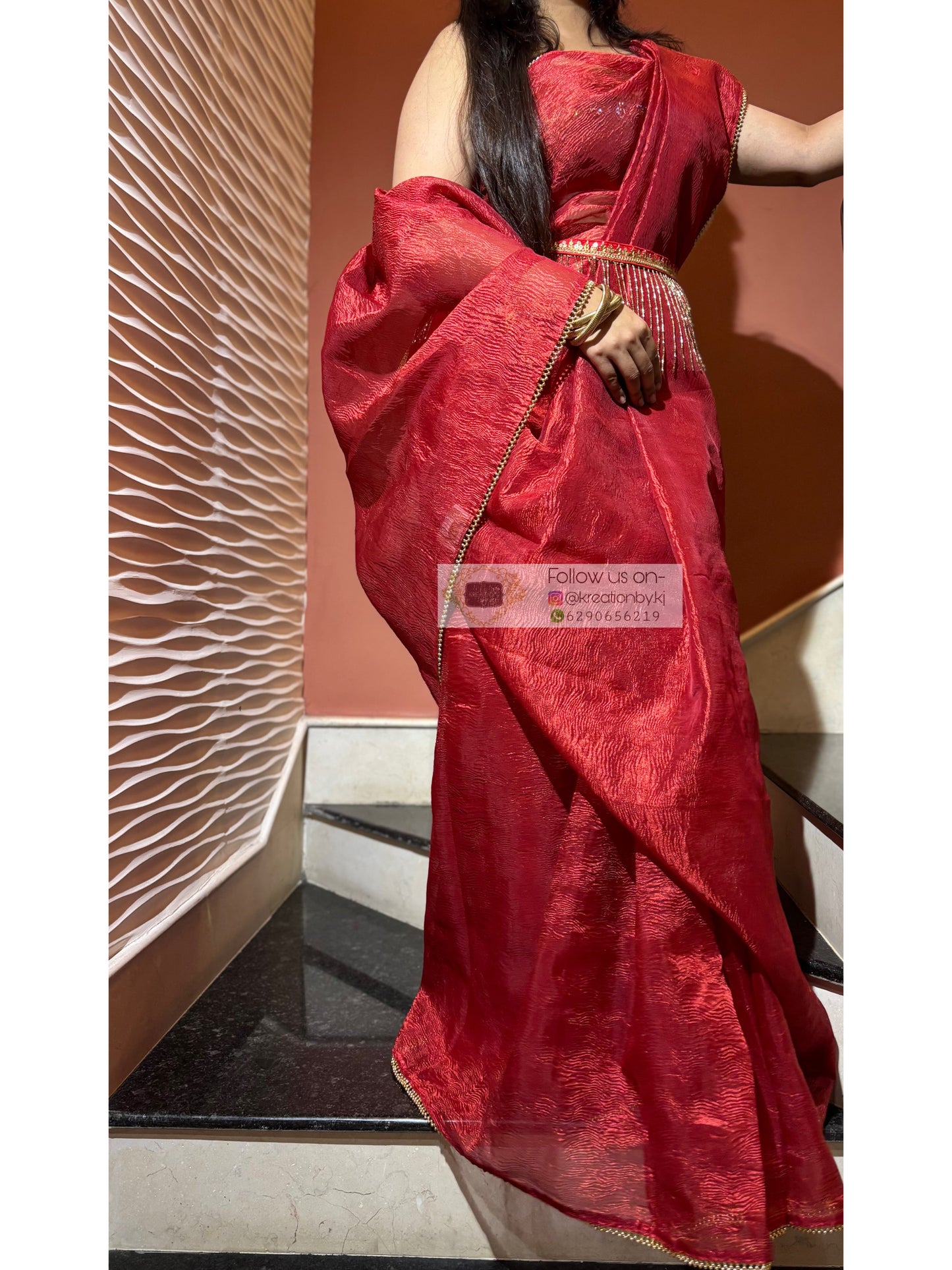 Red Crushed Tissue Saree with Golden Border kreationbykj