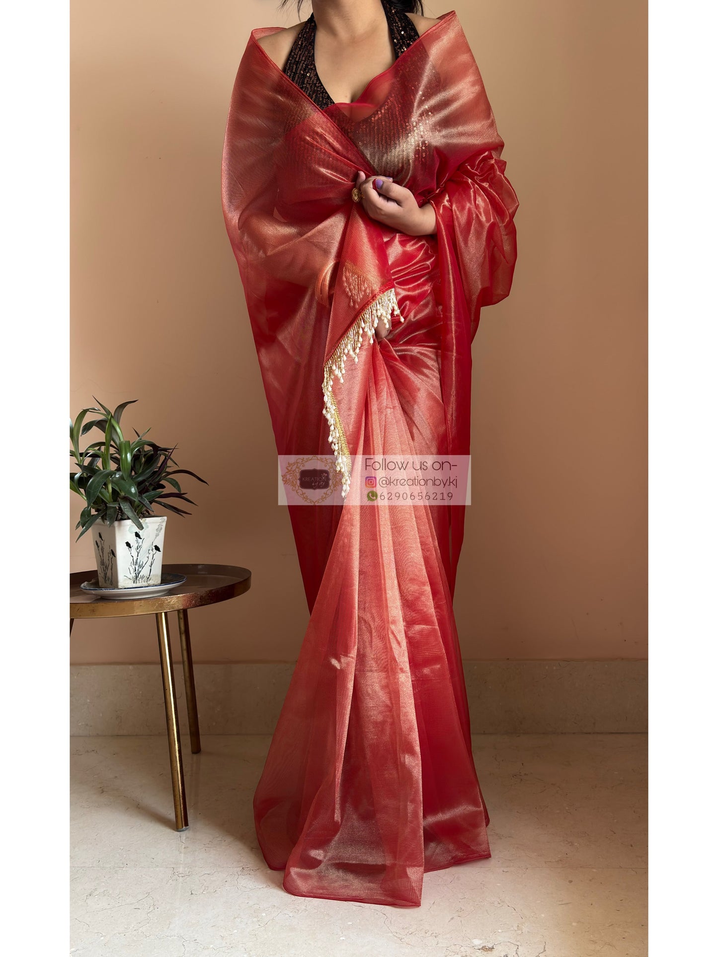 Sunset Orange Tissue Net Saree kreationbykj