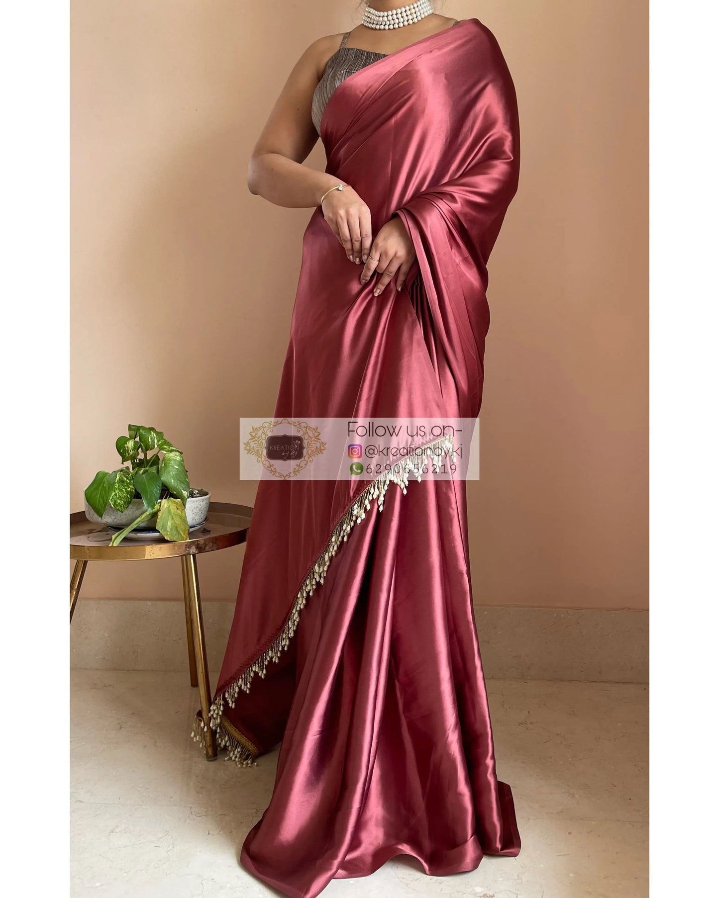 Tea Rose Satin Silk Saree with Handmade Tassels on Pallu kreationbykj
