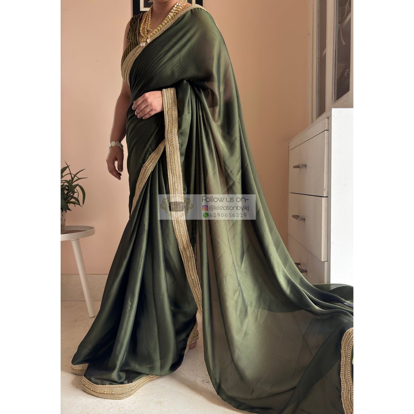 Olive Green Georgette Saree with Golden Border for sexy look Kreation by KJ