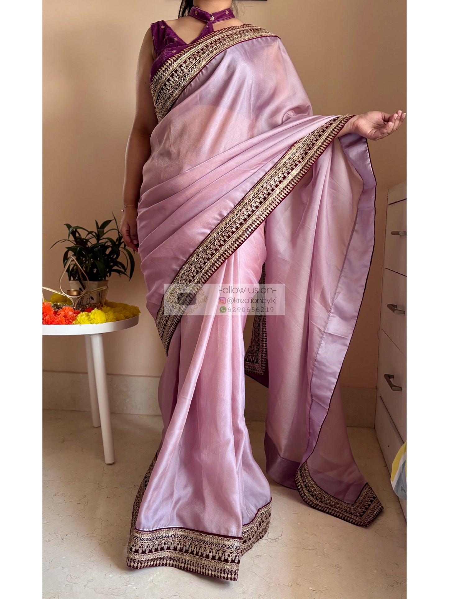 Mauve Pink Net Saree With Wine Border Kreation by KJ