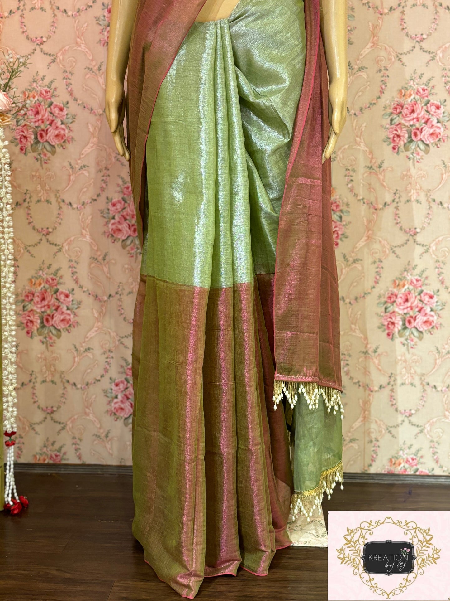 Badam Pista Cotton Tissue Saree kreationbykj
