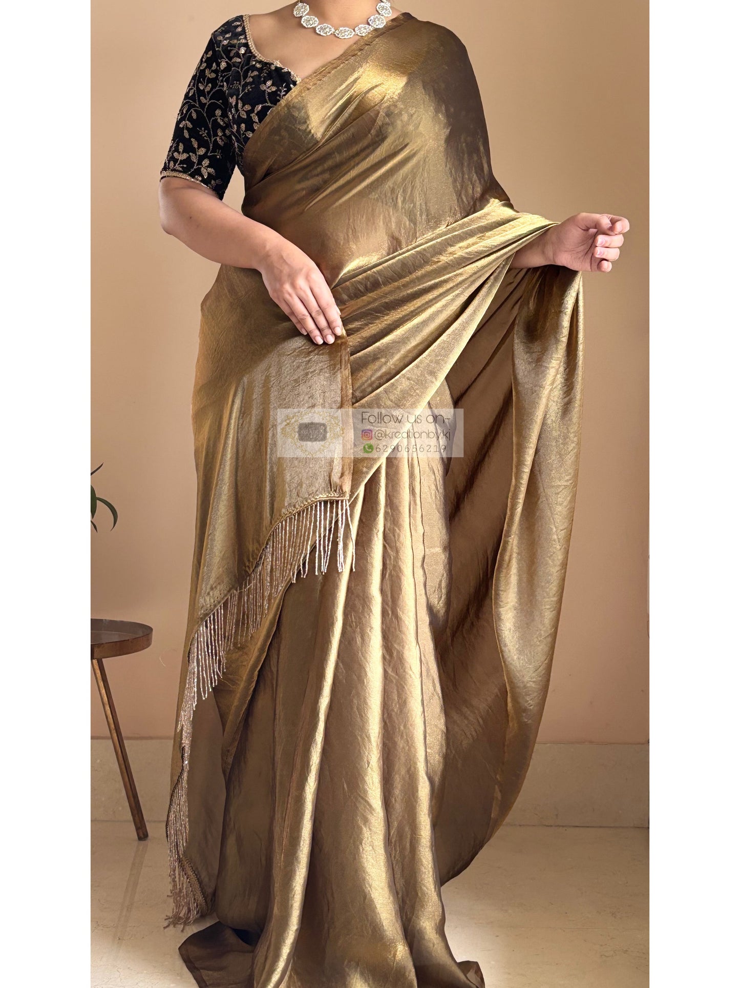 Molten Golden Shimmer Satin Saree With Handmade Tassels on Pallu kreationbykj